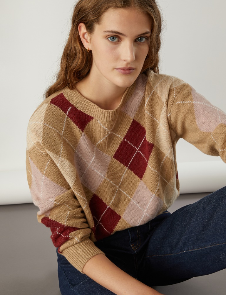 Diamond-lace knit sweater - Camel - Emme 