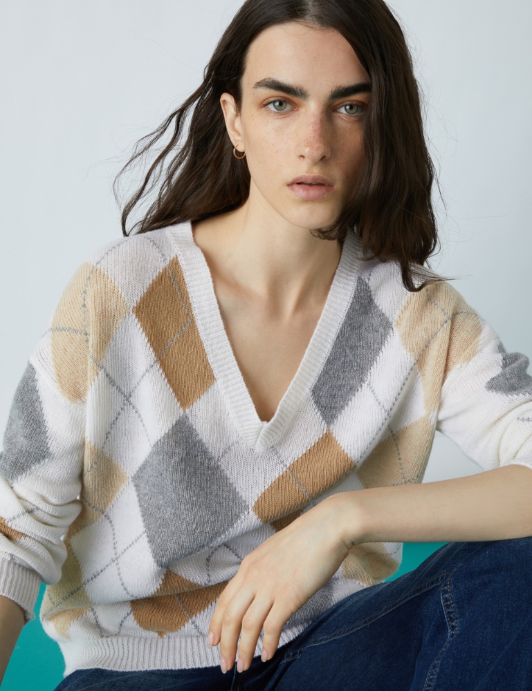 Diamond-lace knit sweater - White - Emme 