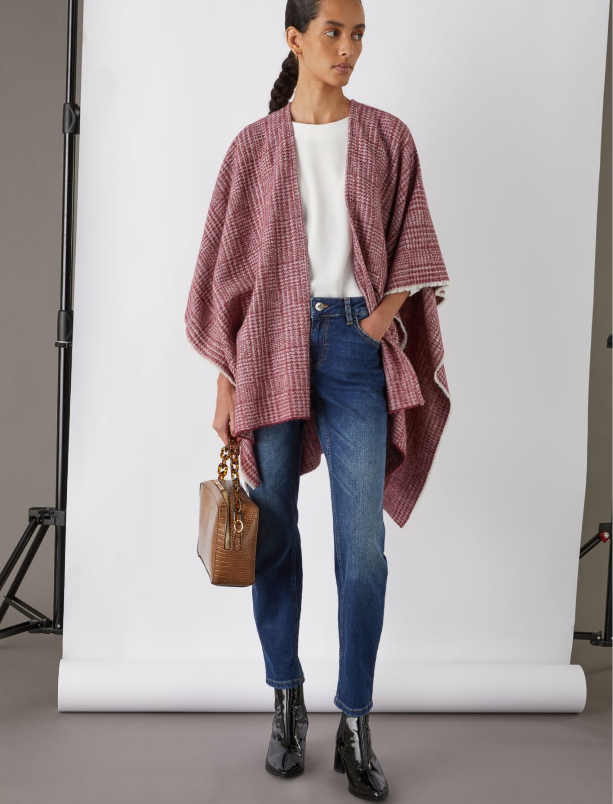 Glen plaid-patterned poncho, bordeaux | Marella