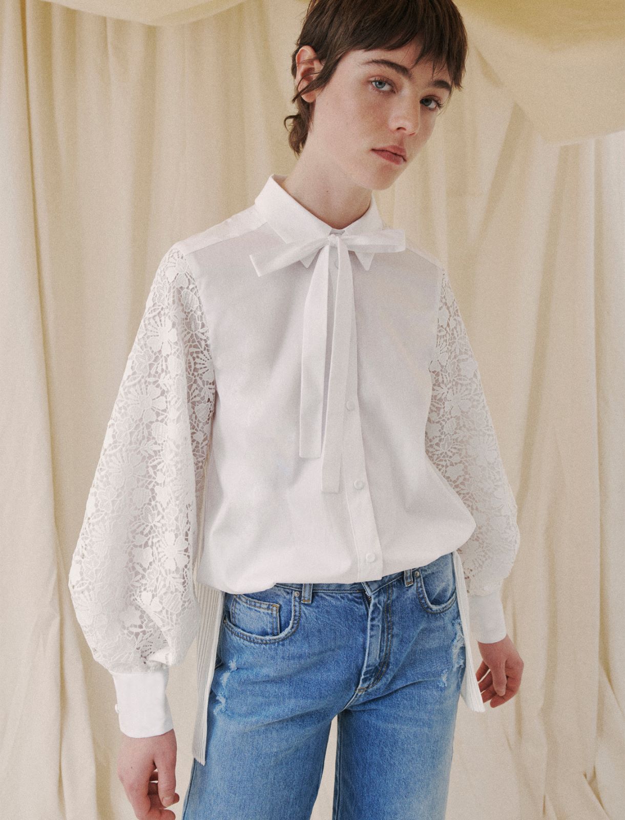 Shirt with lace - Optical white - Marella - 3