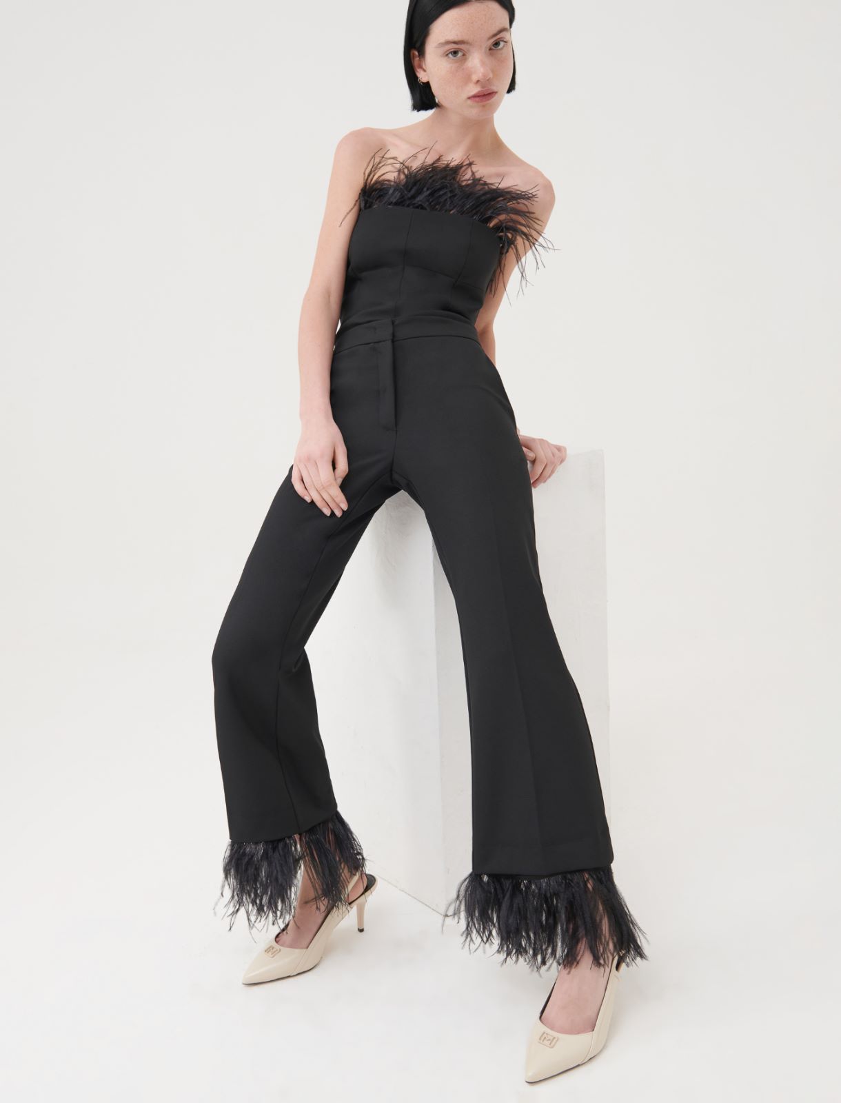 Feather-detail trousers - Black - Marella - 3