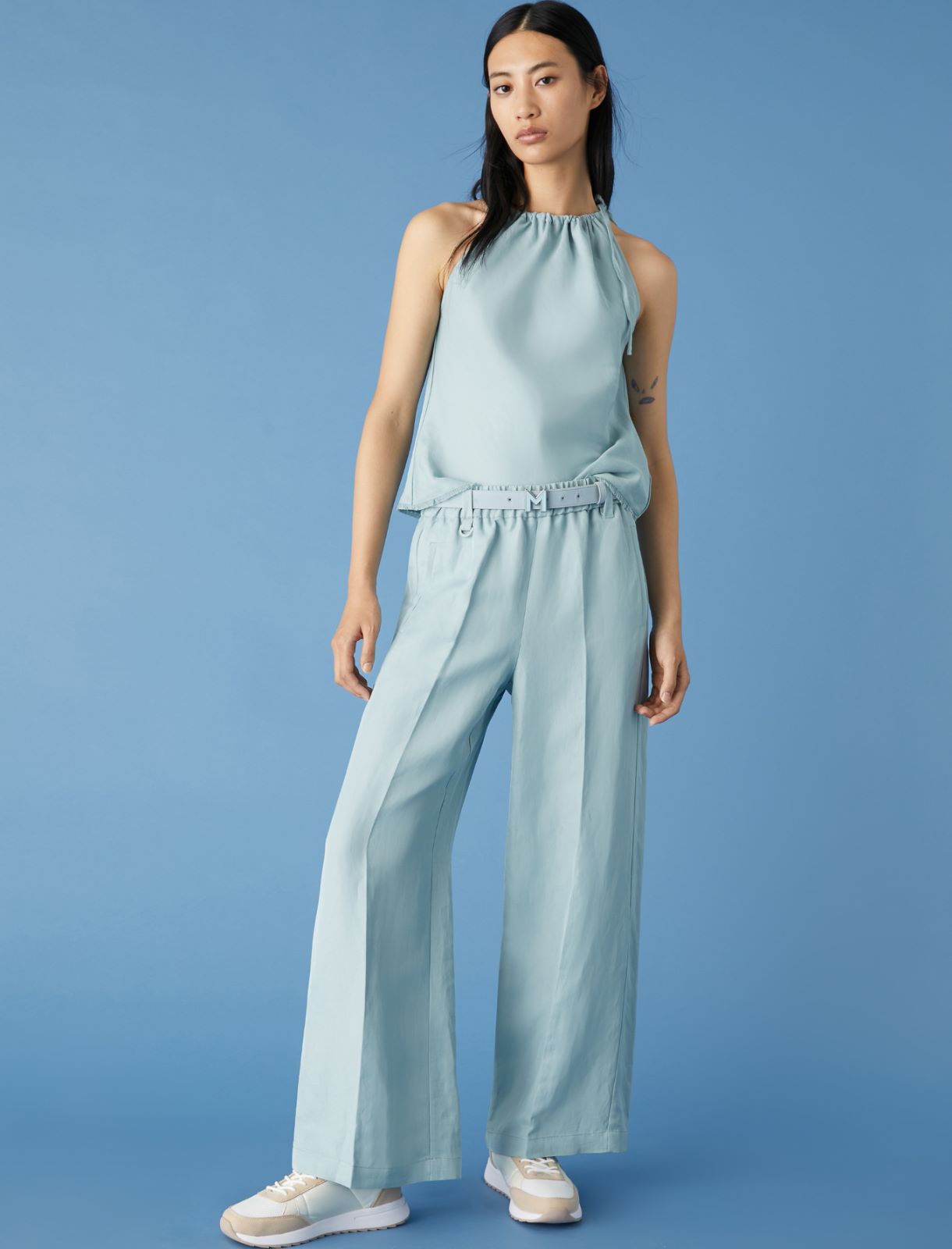 Linen-blend trousers, sky-blue