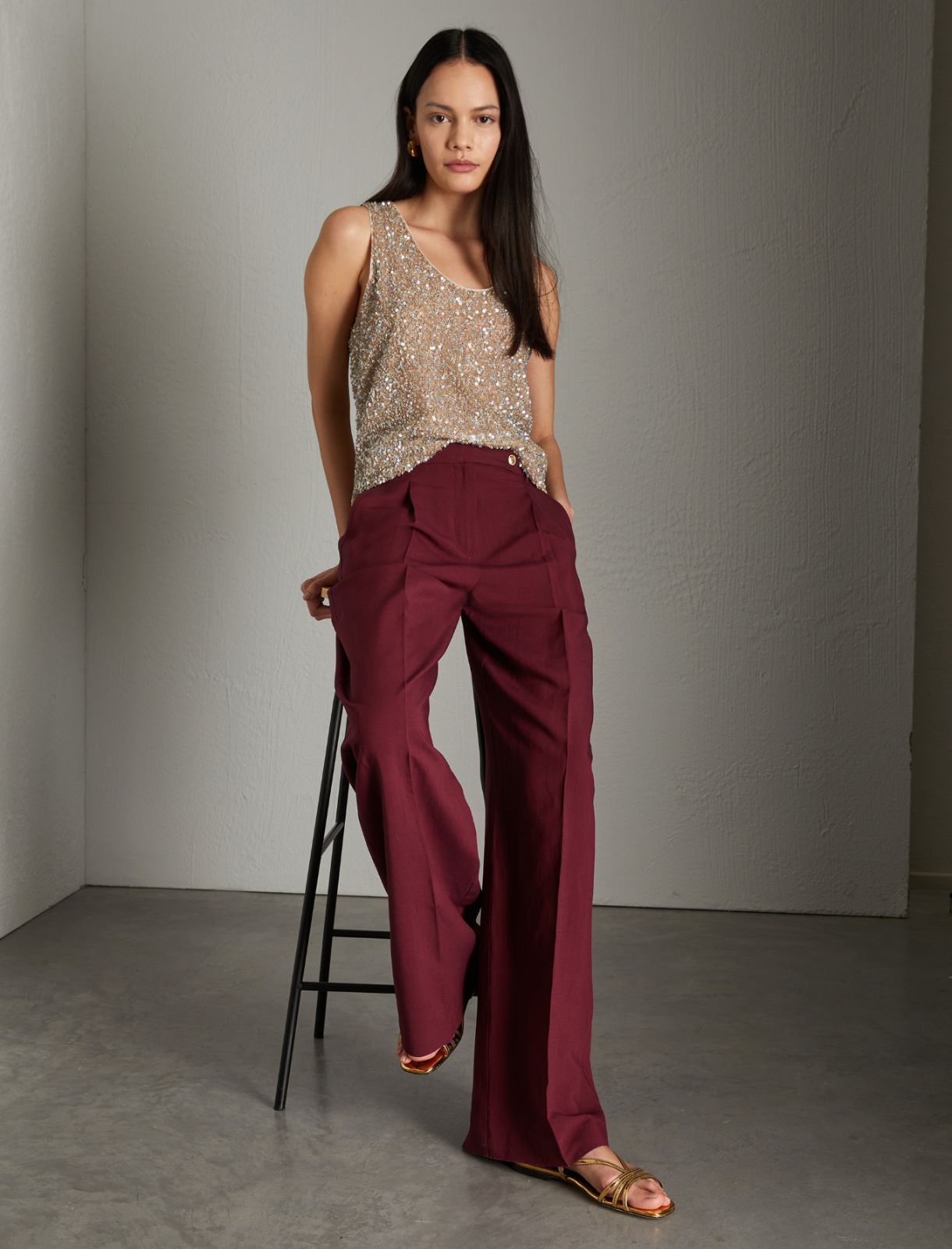 Wide-leg linen-blend trousers, bordeaux | Marella