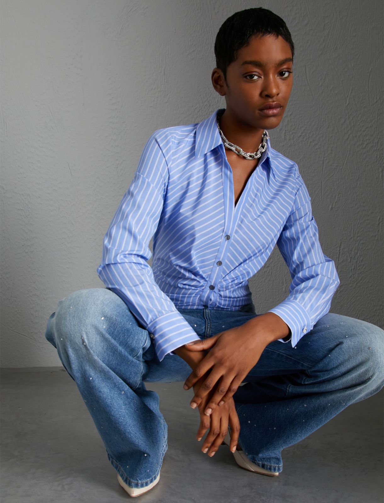 Blue jeans with square rhinestones - Cinelle Paris, fashion for women