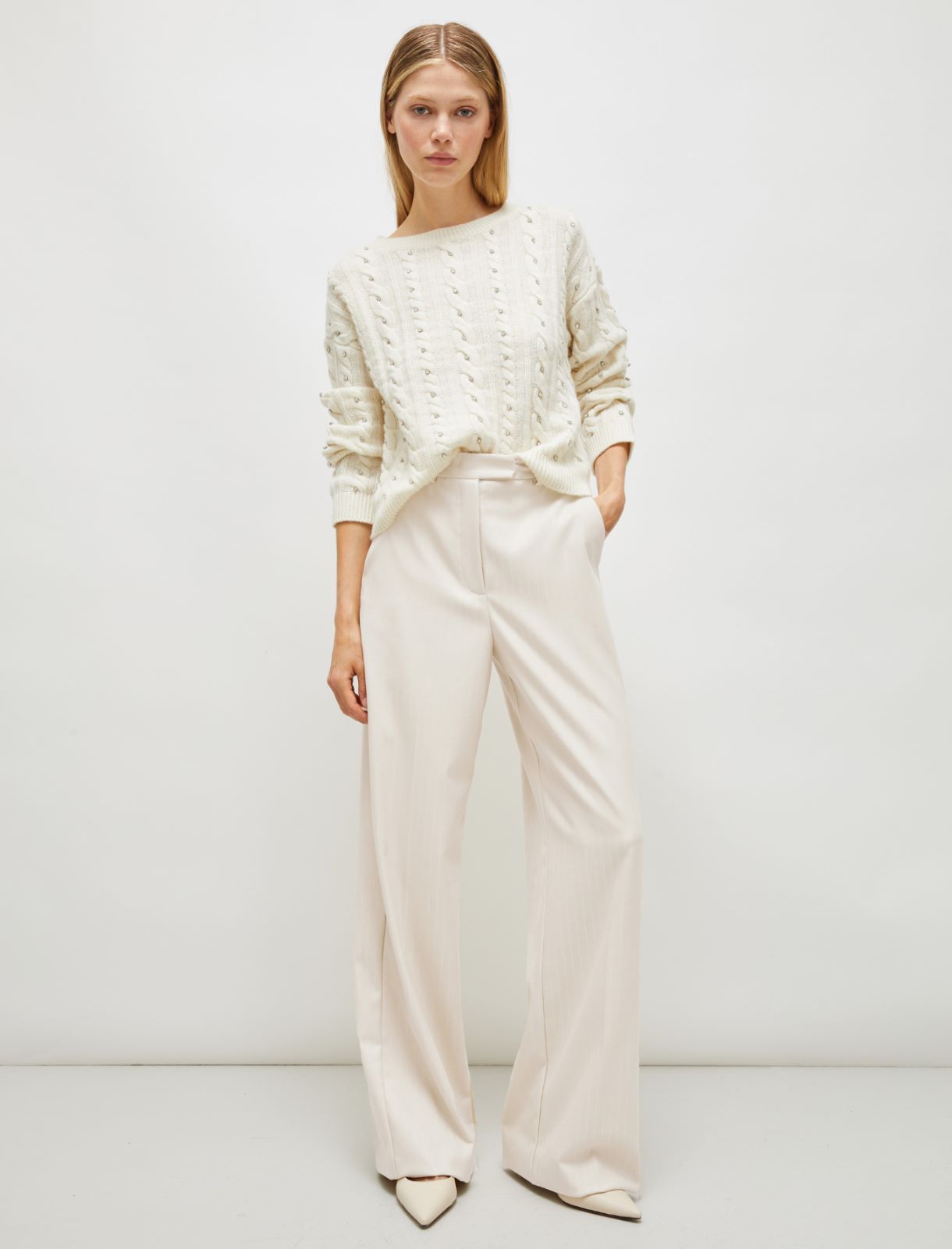 Rhinestone cable-knit sweater - Cream - Marella