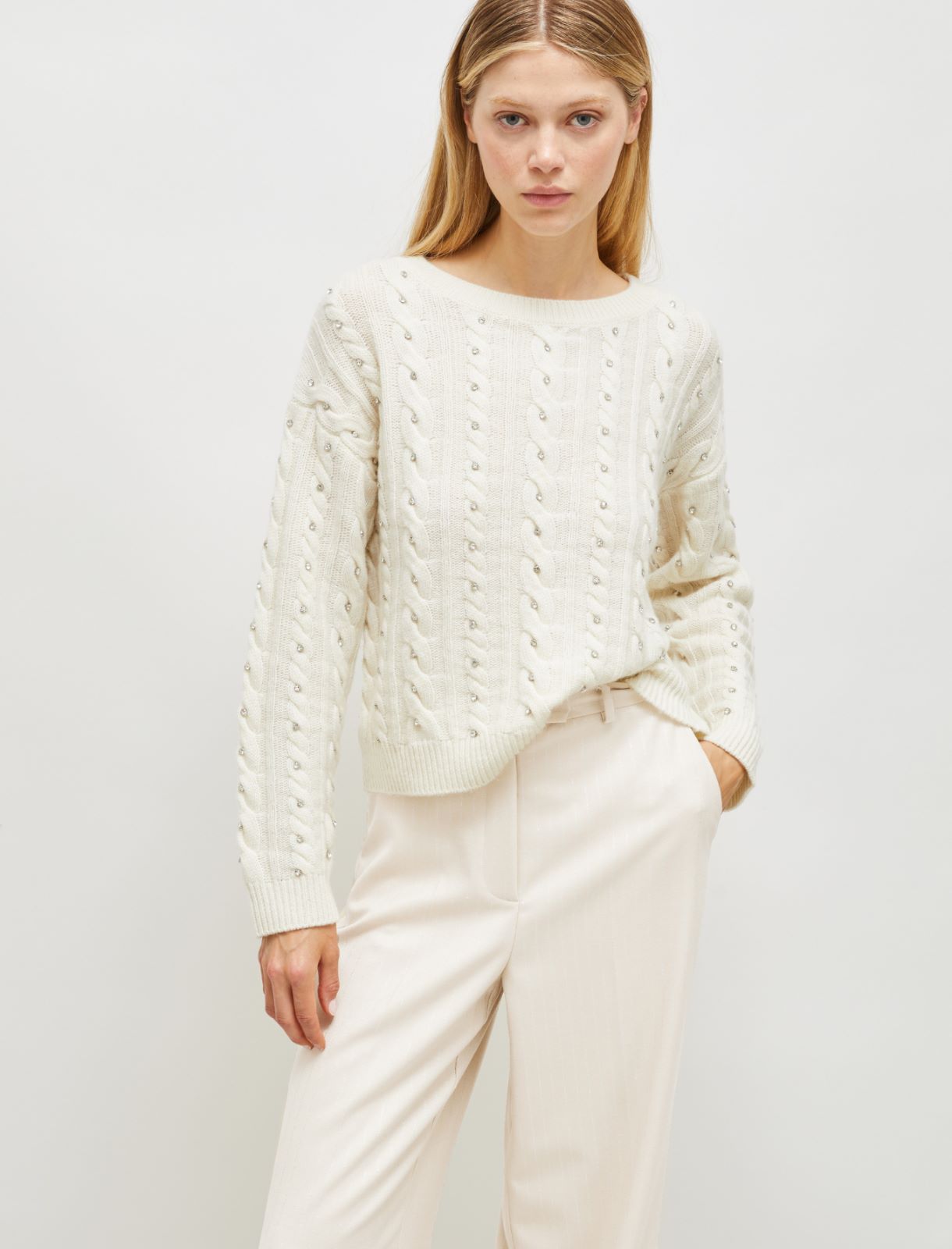 Rhinestone cable-knit sweater - Cream - Marella - 3