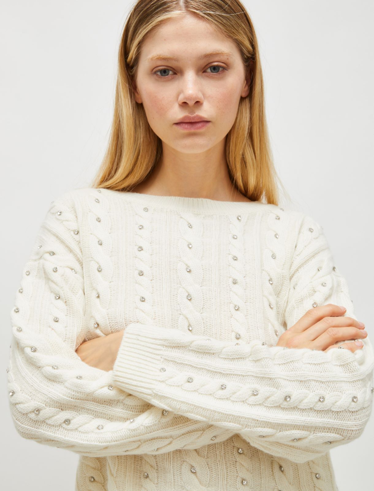 Rhinestone cable-knit sweater - Cream - Marella - 4