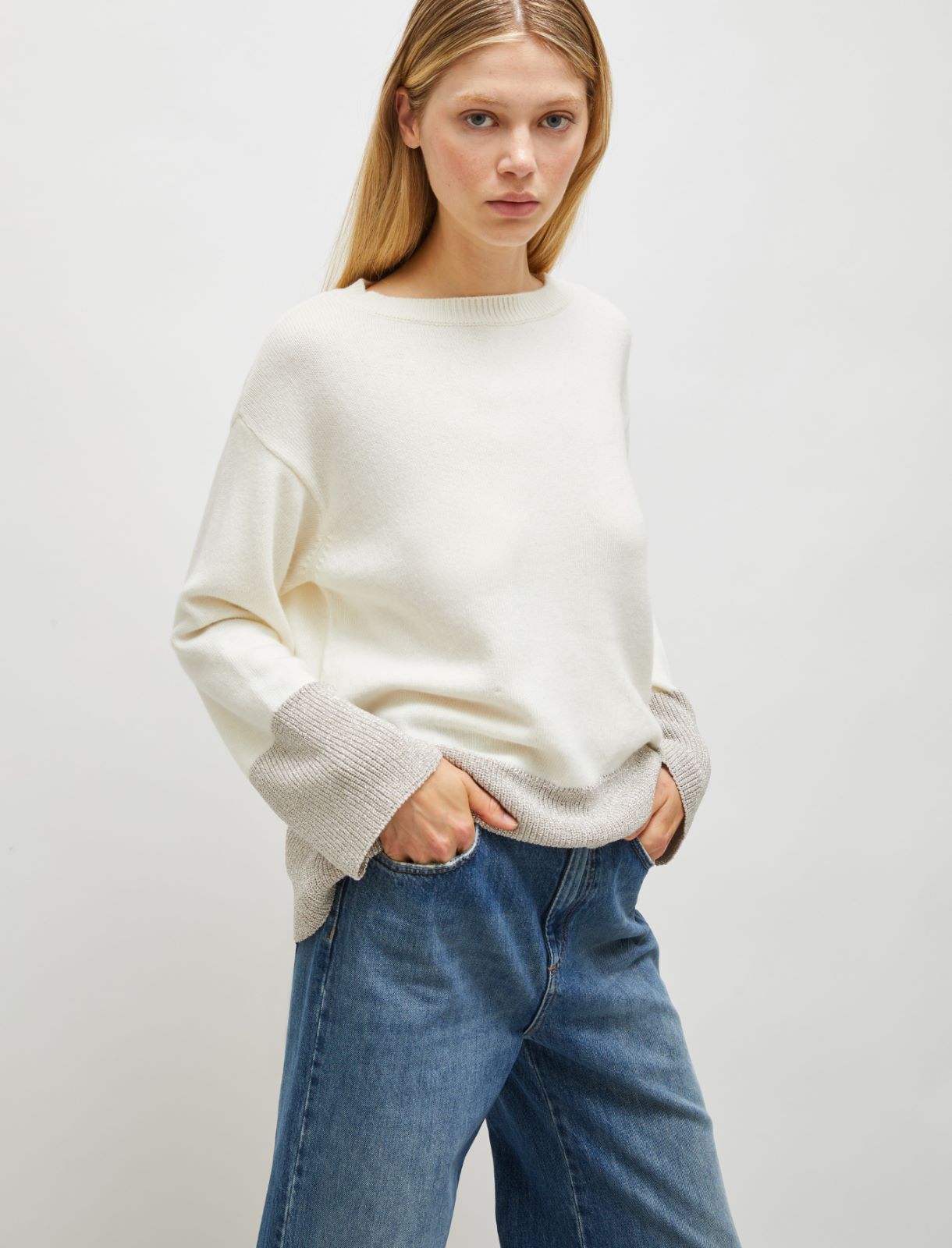 Maglia boxy in misto cashmere - Panna - 3