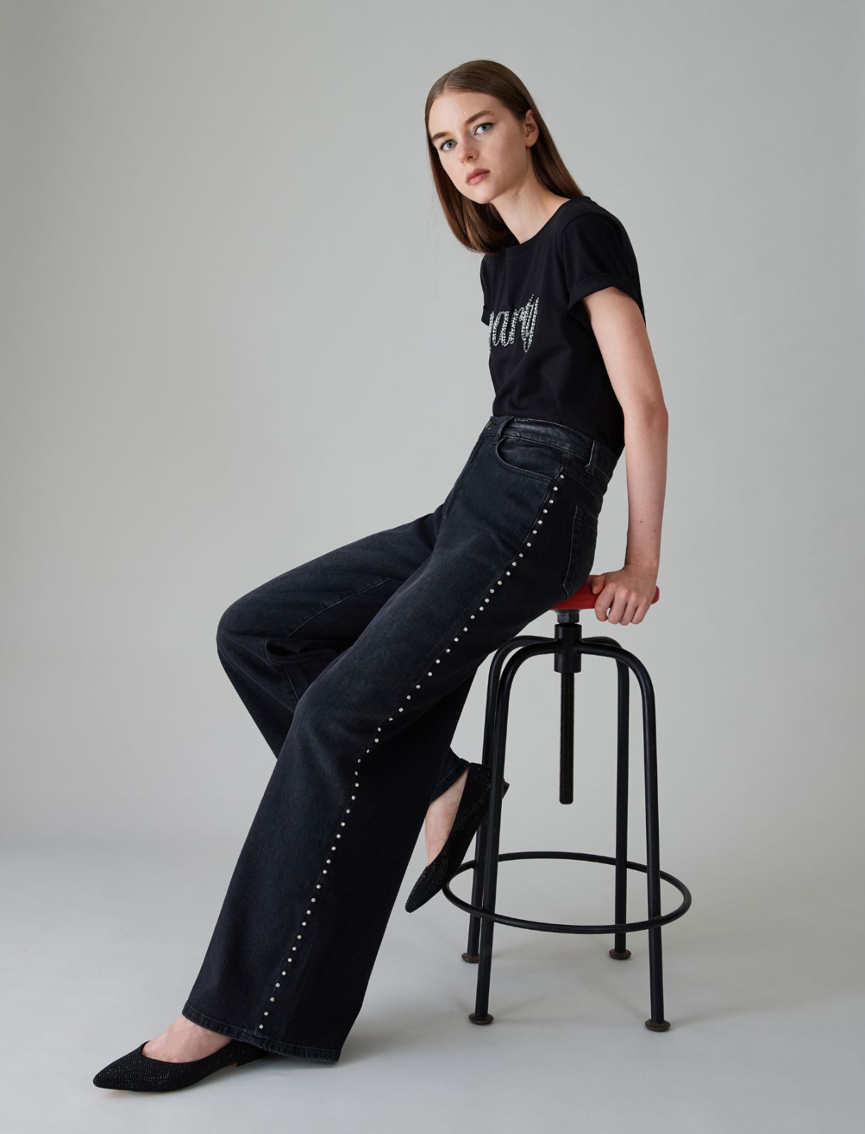 Crystal-adorned wide-leg jeans - Black - Marella - 4