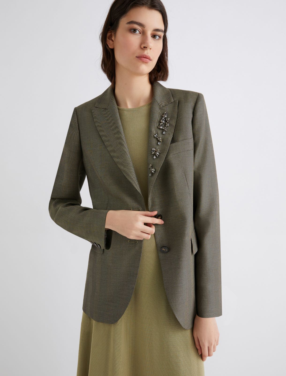 Jacke aus fließendem, diagonal gewebtem Stoff mit Kristallen - KHAKI - Marella - 3