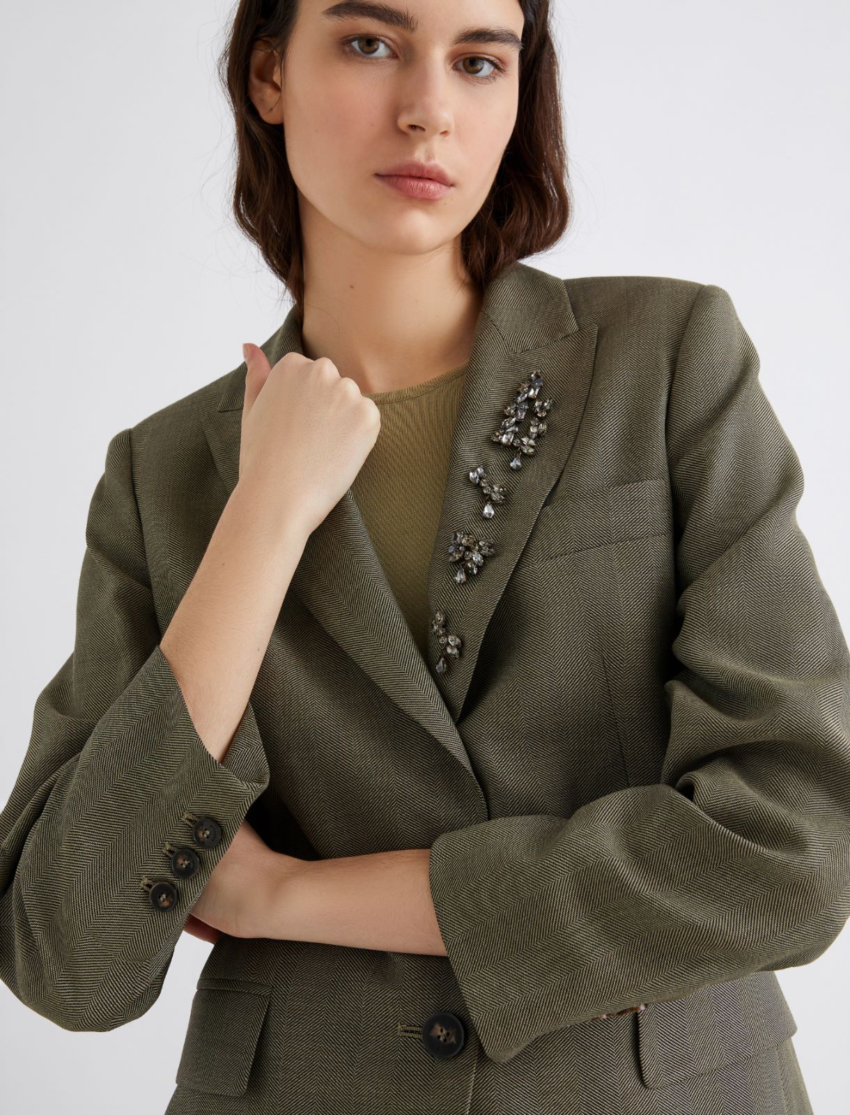 Jacke aus fließendem, diagonal gewebtem Stoff mit Kristallen - KHAKI - Marella - 4