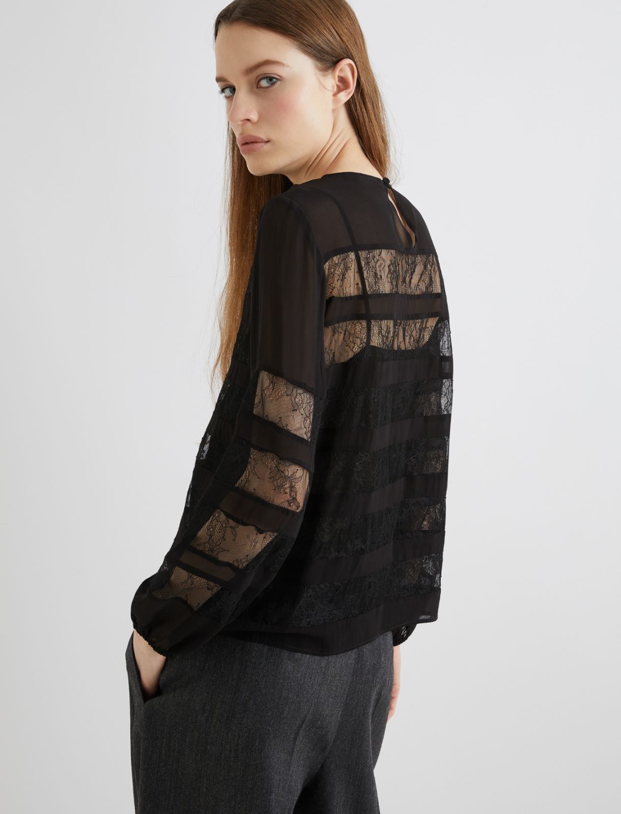 Georgette blouse with lace detail - BLACK - Marella - 3