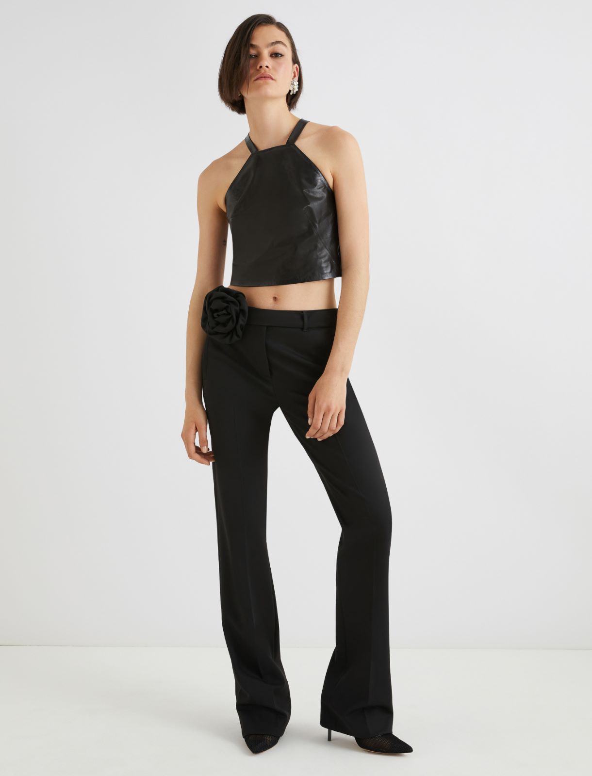 Flared trousers with flower-adorned belt detail - BLACK - Marella - 4