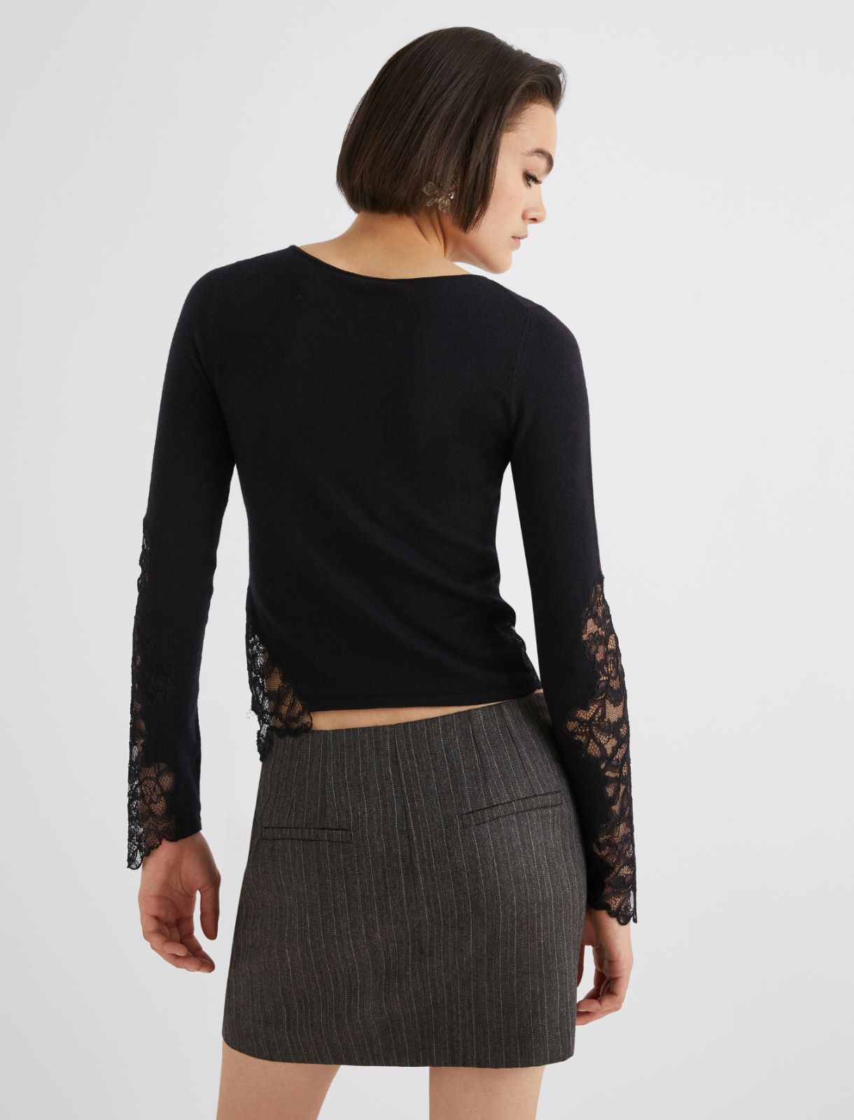 Lace-adorned snug-fit sweater - BLACK - Marella - 2