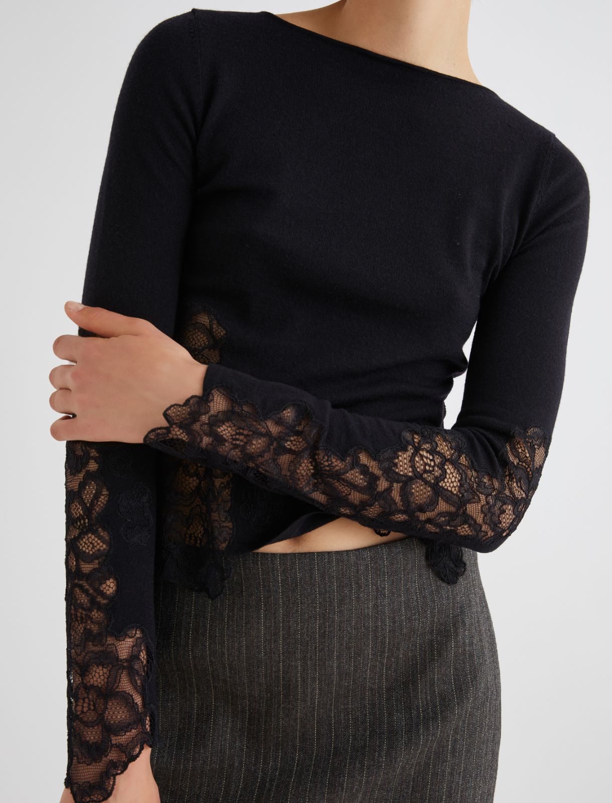 Lace-adorned snug-fit sweater - BLACK - Marella - 4