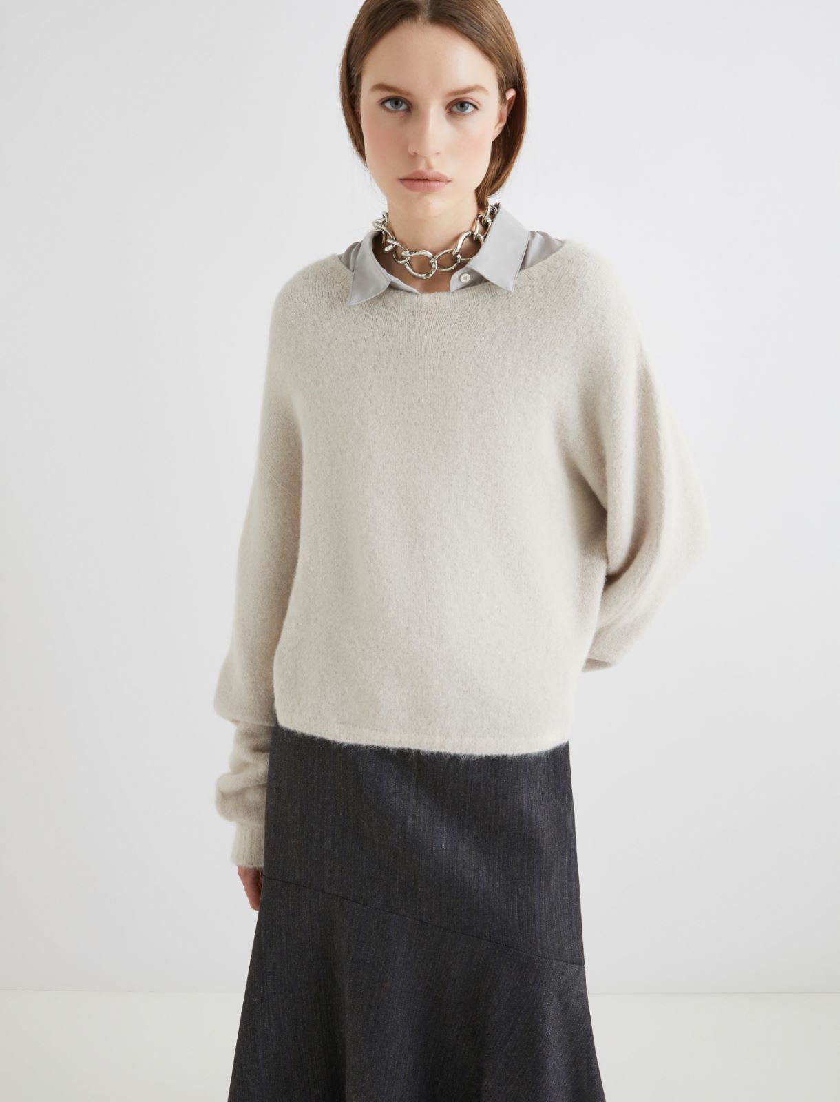Stretch alpaca crew-neck sweater - NATURAL - Marella - 3