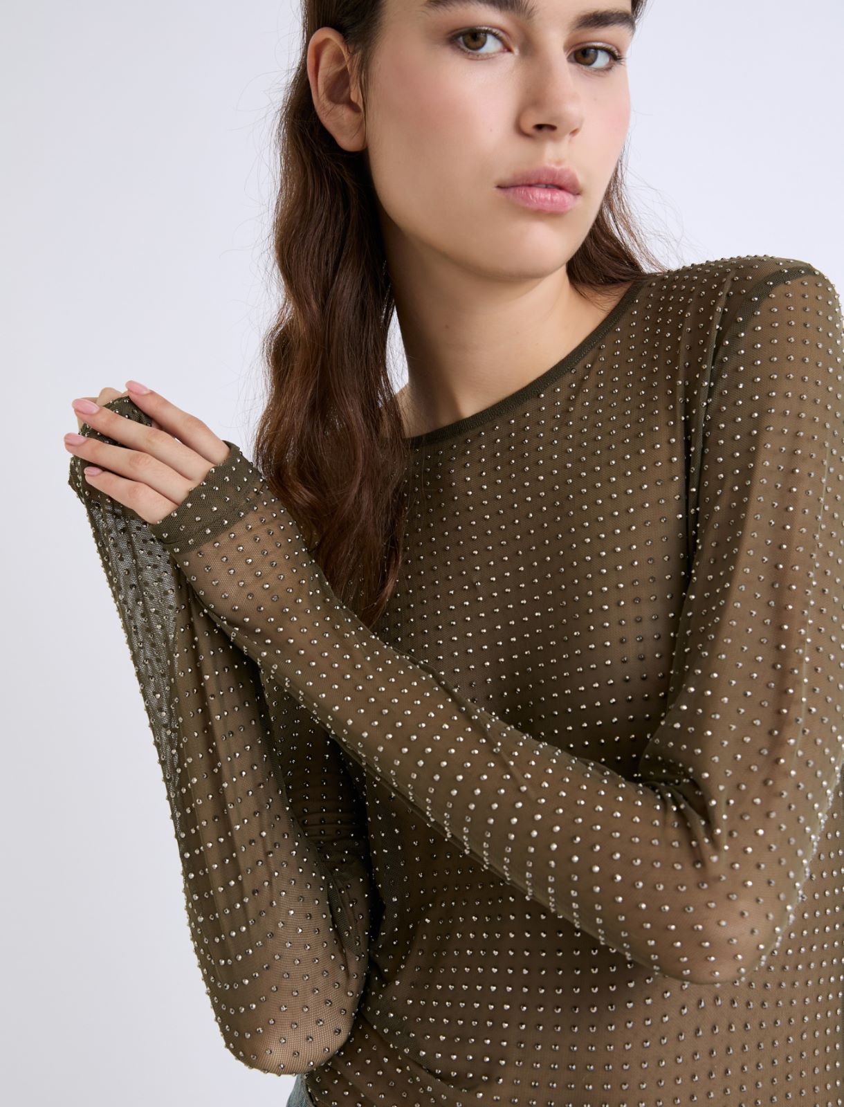 T-shirt en tulle avec strass - KAKI - Marella - 5