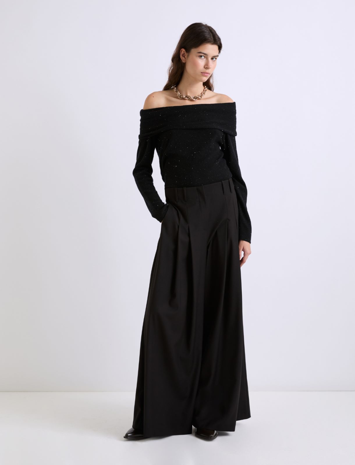 Micro-sequin-adorned cowl-neck sweater - BLACK - Marella - 2