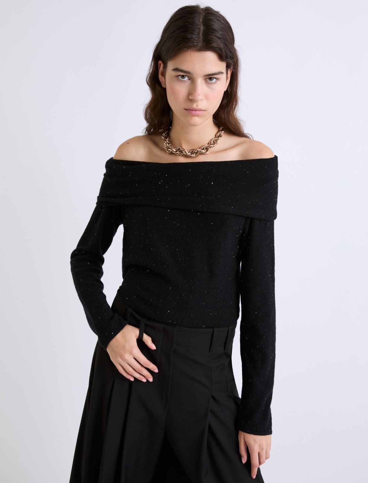 Micro-sequin-adorned cowl-neck sweater - BLACK - Marella - 4