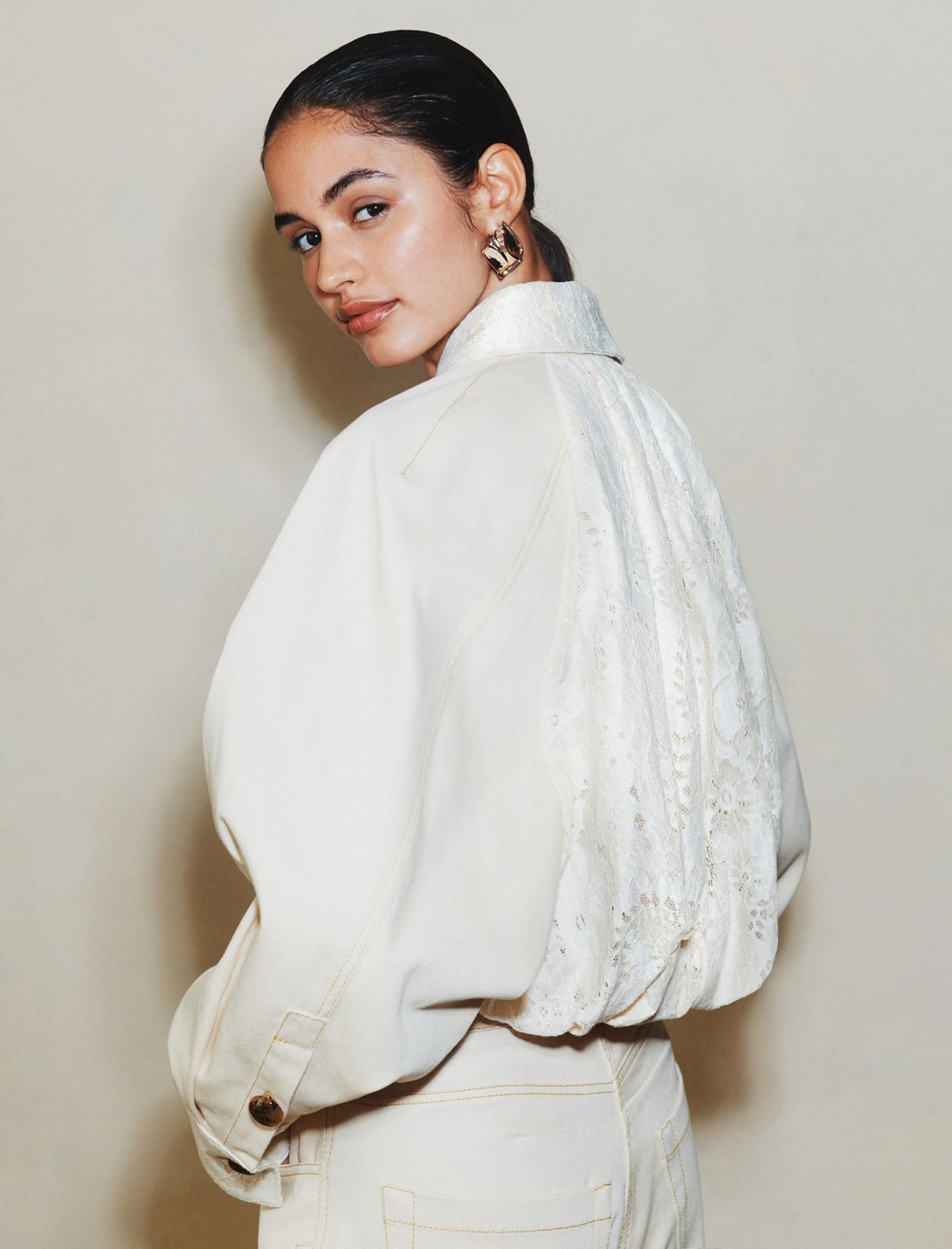 Stretch cotton cropped bomber jacket - WOOL WHITE - Marella - 3