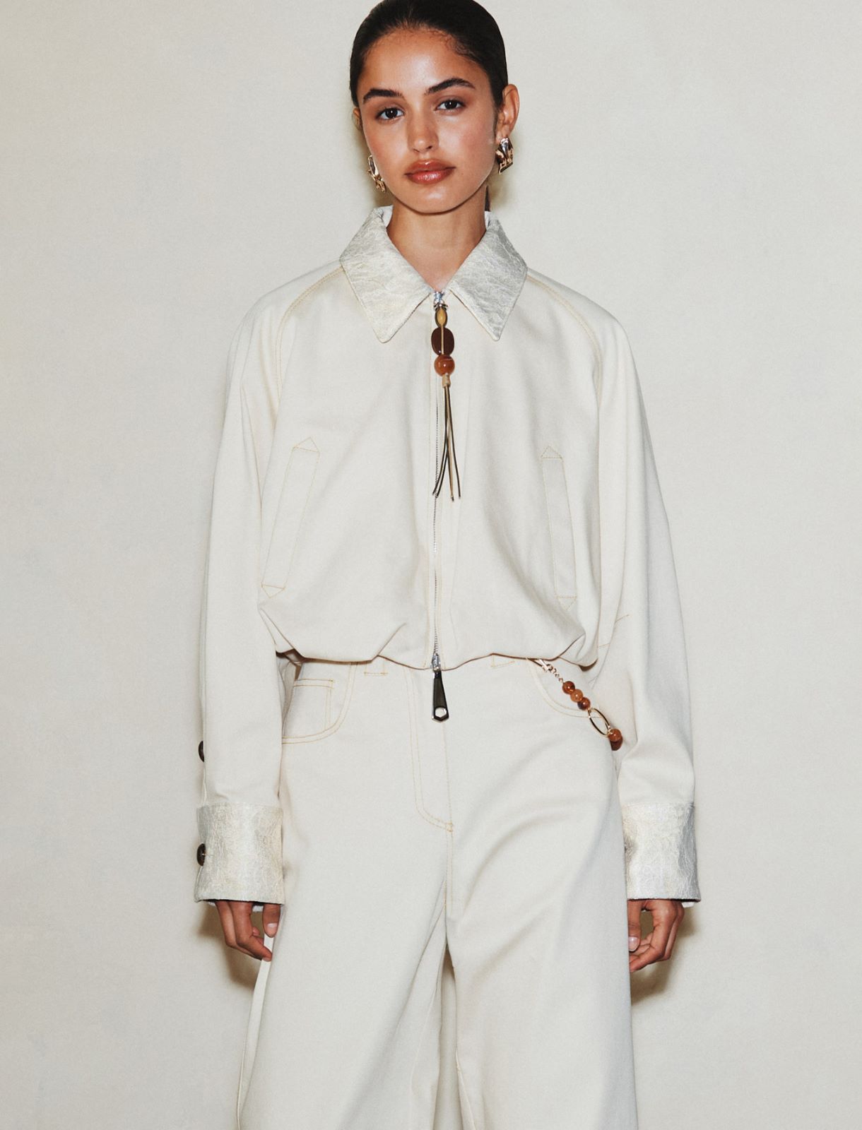 Stretch cotton cropped bomber jacket - WOOL WHITE - Marella - 4