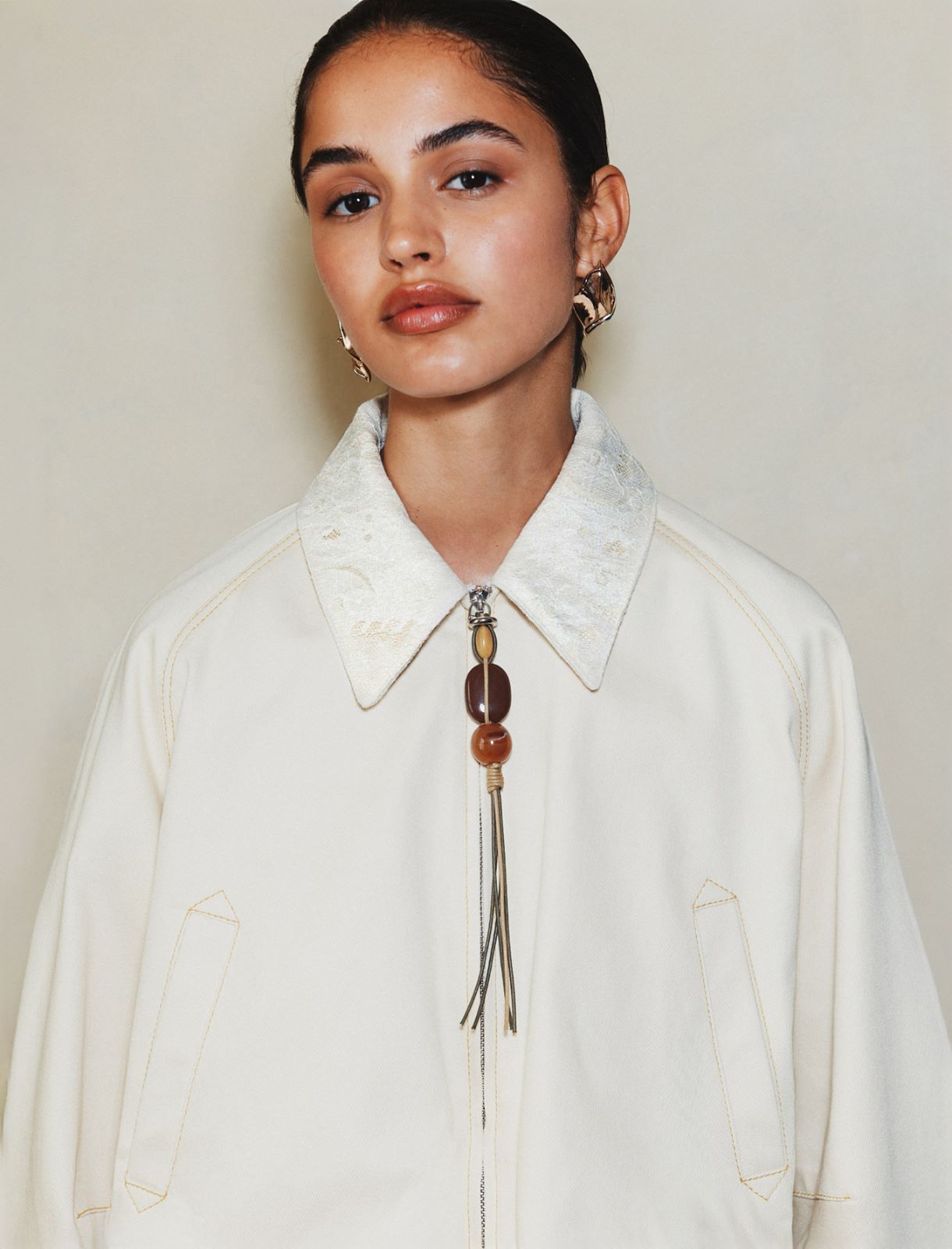 Stretch cotton cropped bomber jacket - WOOL WHITE - Marella - 5