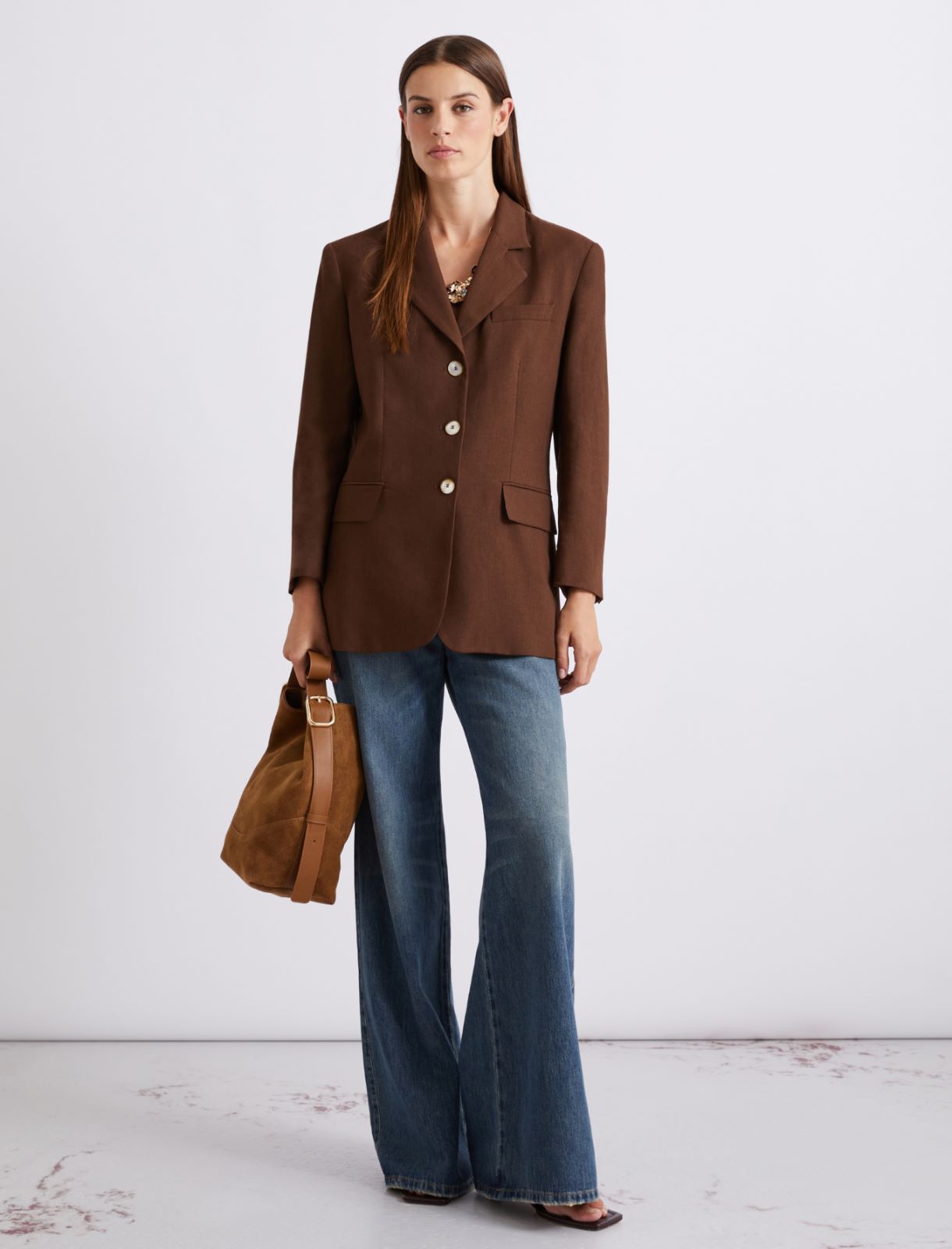 Single-breasted linen-blend blazer - Brown - Marella - 2