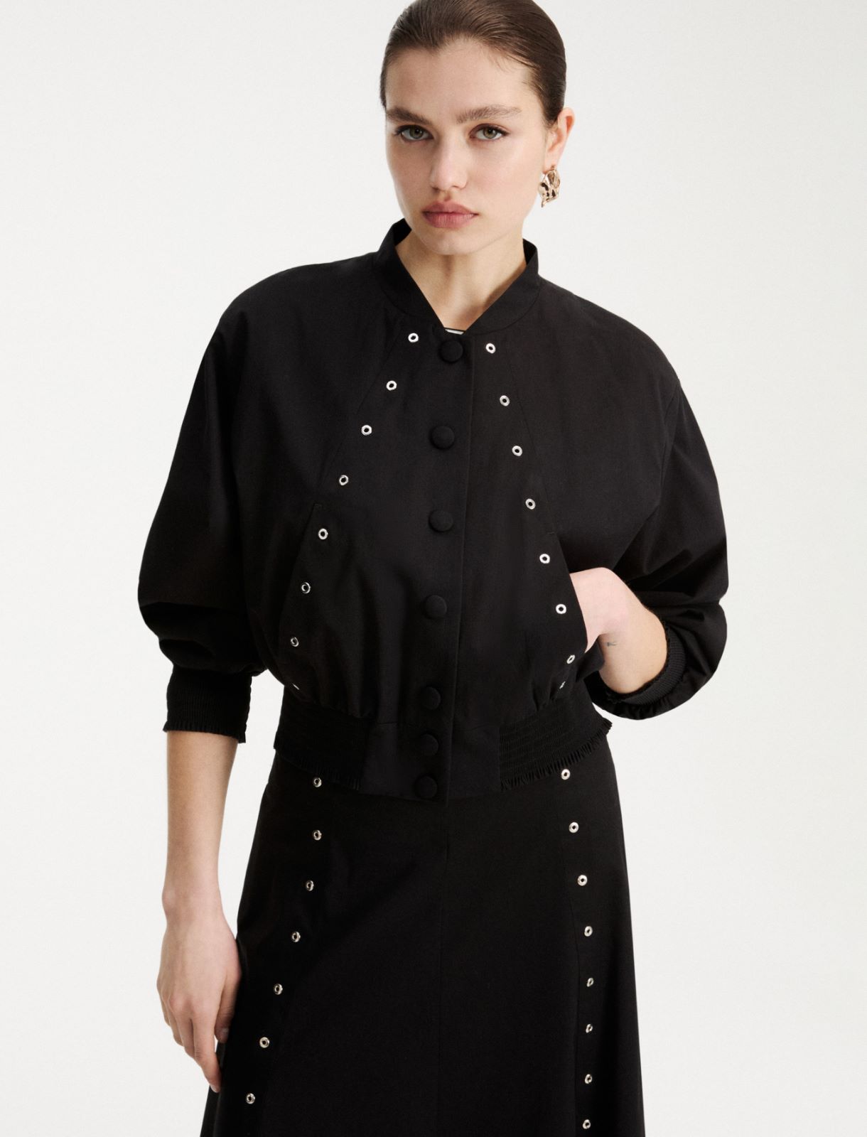 Eyelet-detail cotton bomber jacket - BLACK - Marella - 4