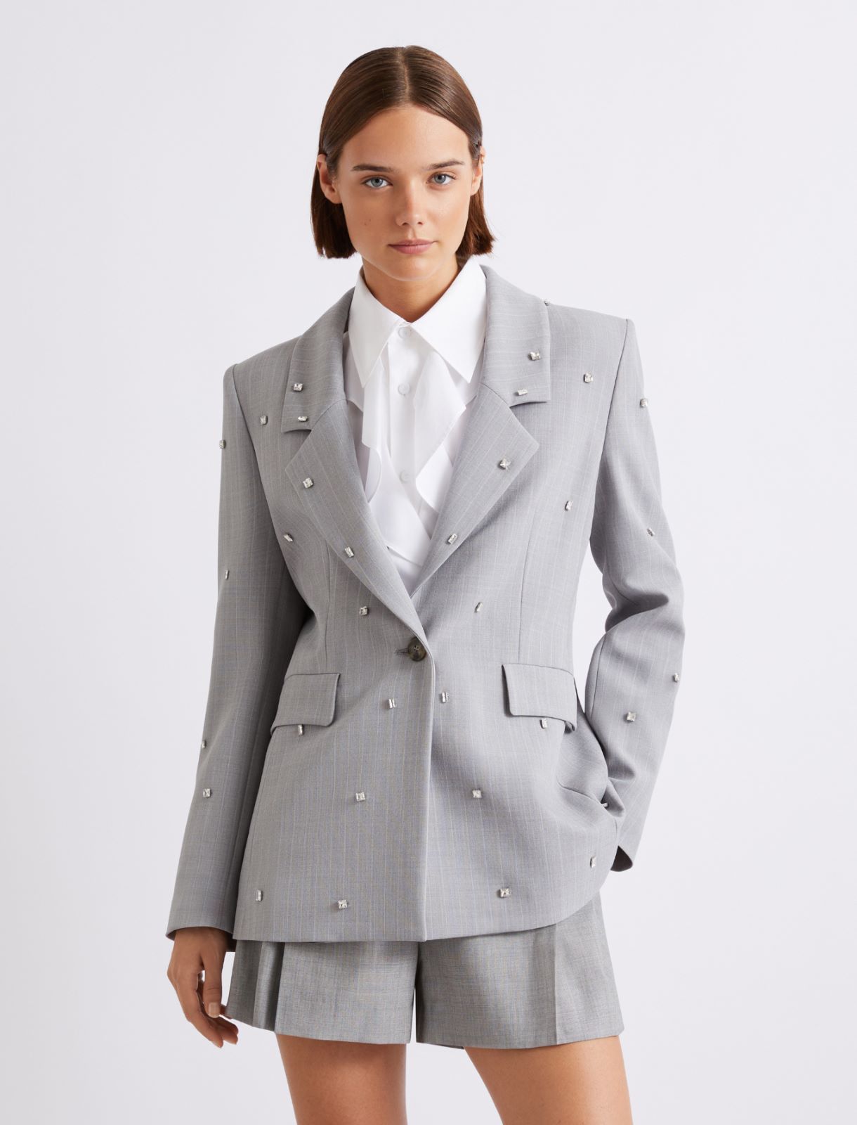 Marynarka z elastycznego płótna z kryształkami - JASNOSZARY MELANŻ - Marella - 4