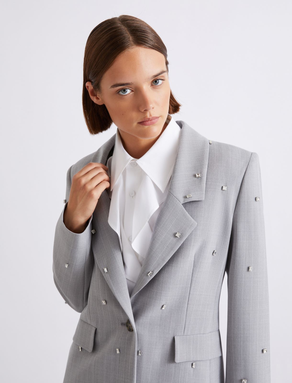 Marynarka z elastycznego płótna z kryształkami - JASNOSZARY MELANŻ - Marella - 5