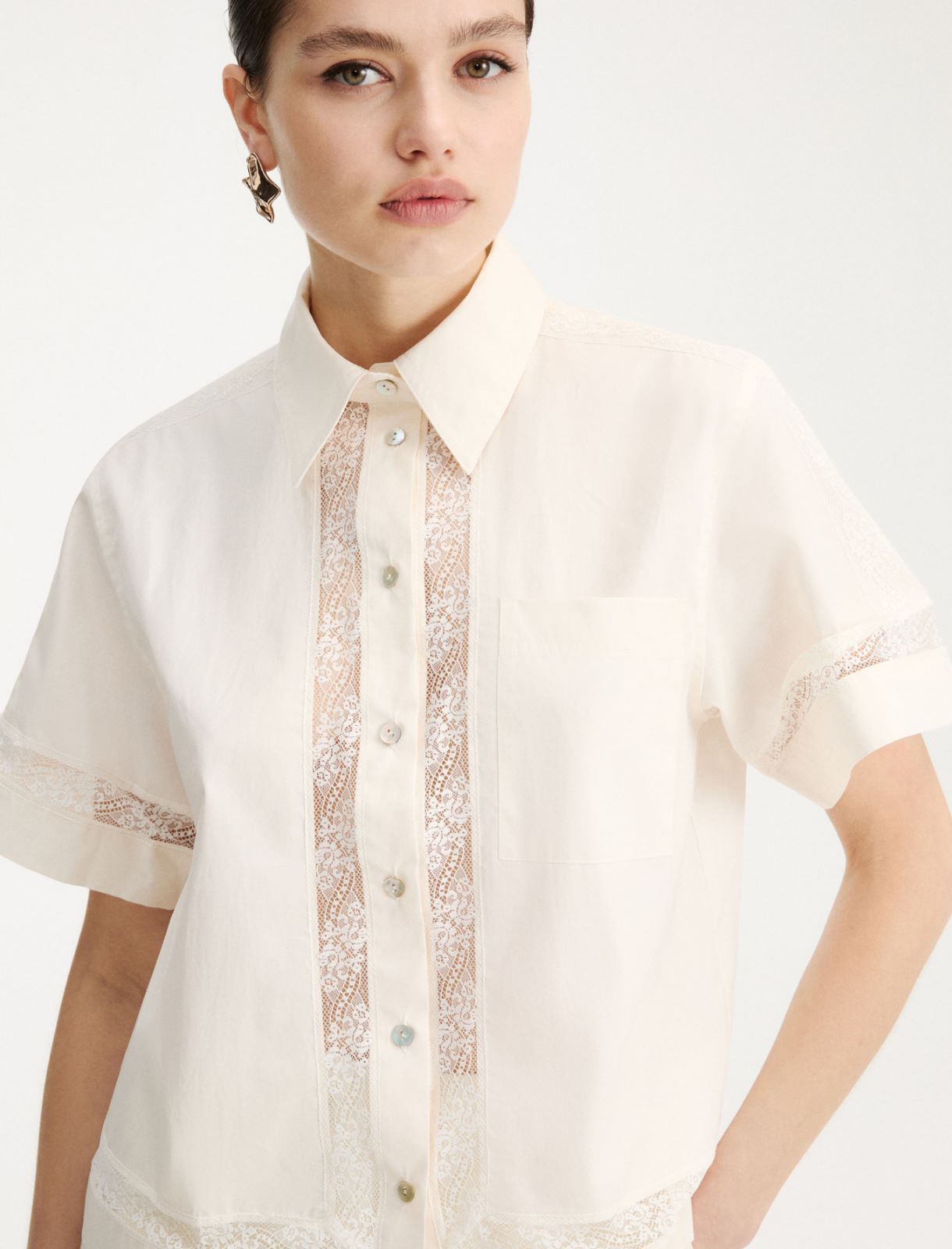 Lace-adorned poplin shirt - WOOL WHITE - Marella - 5