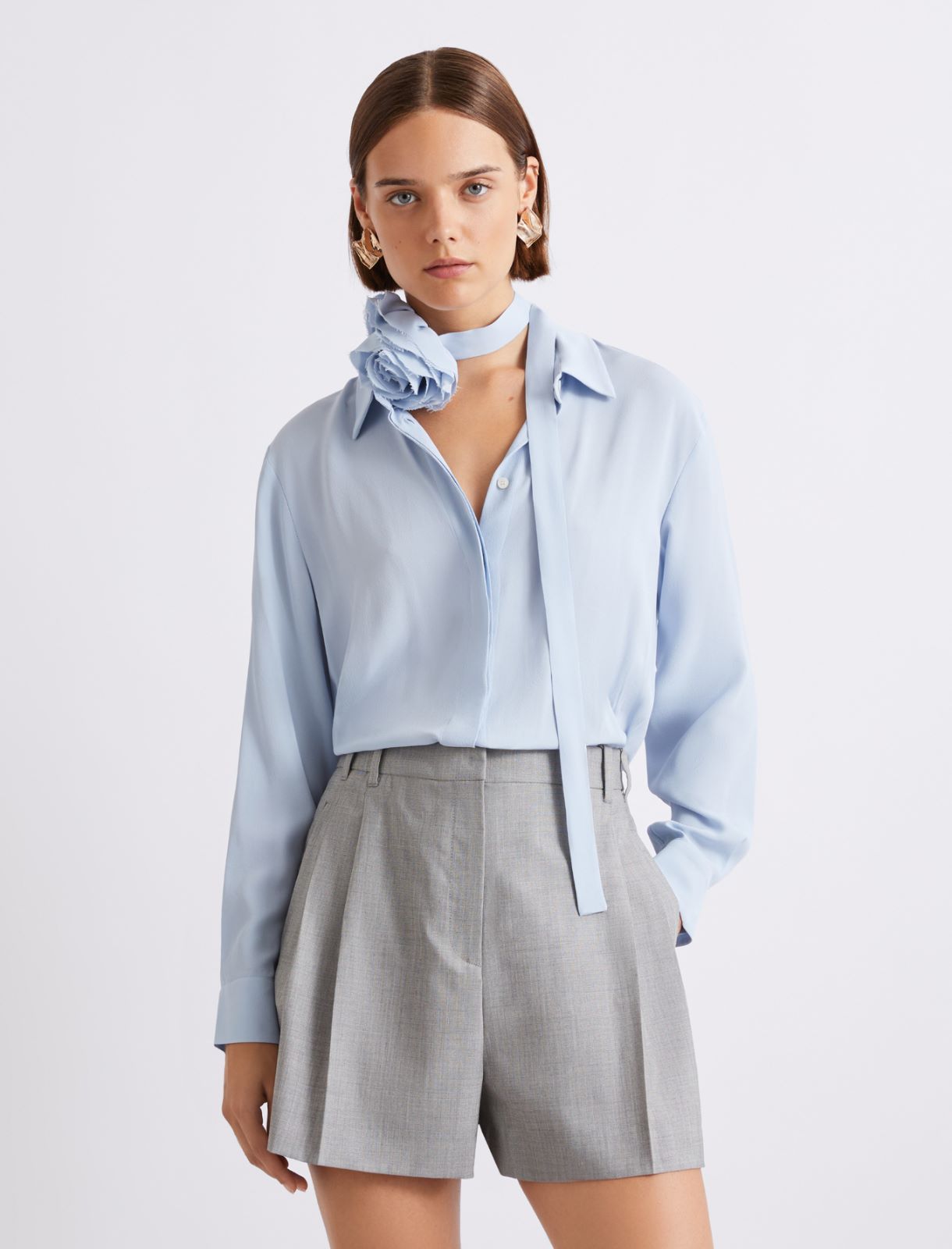 Silk-blend shirt with a floral sash - LIGHT BLUE - Marella - 4