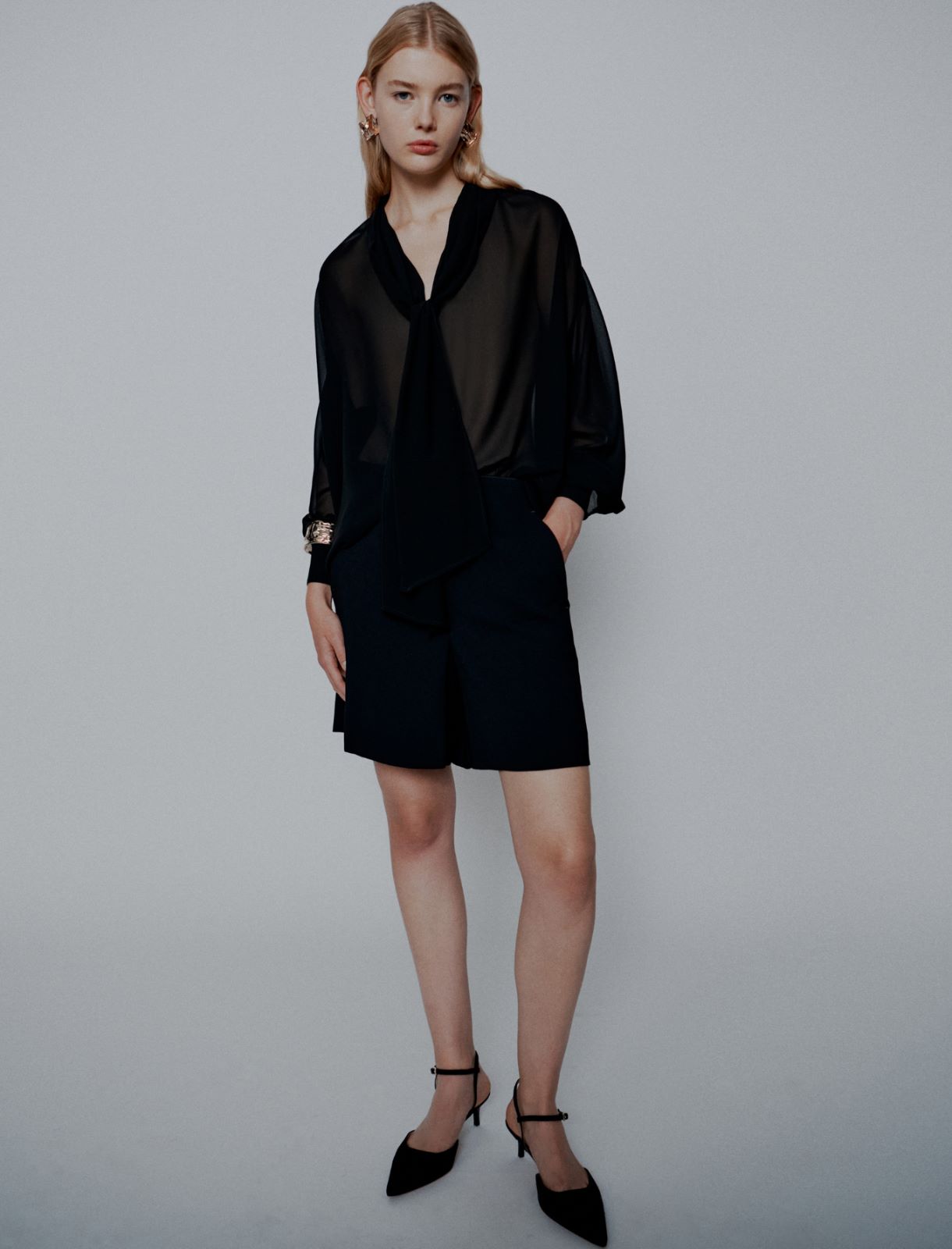 Crepe georgette tie-up blouse - Black - Marella - 2