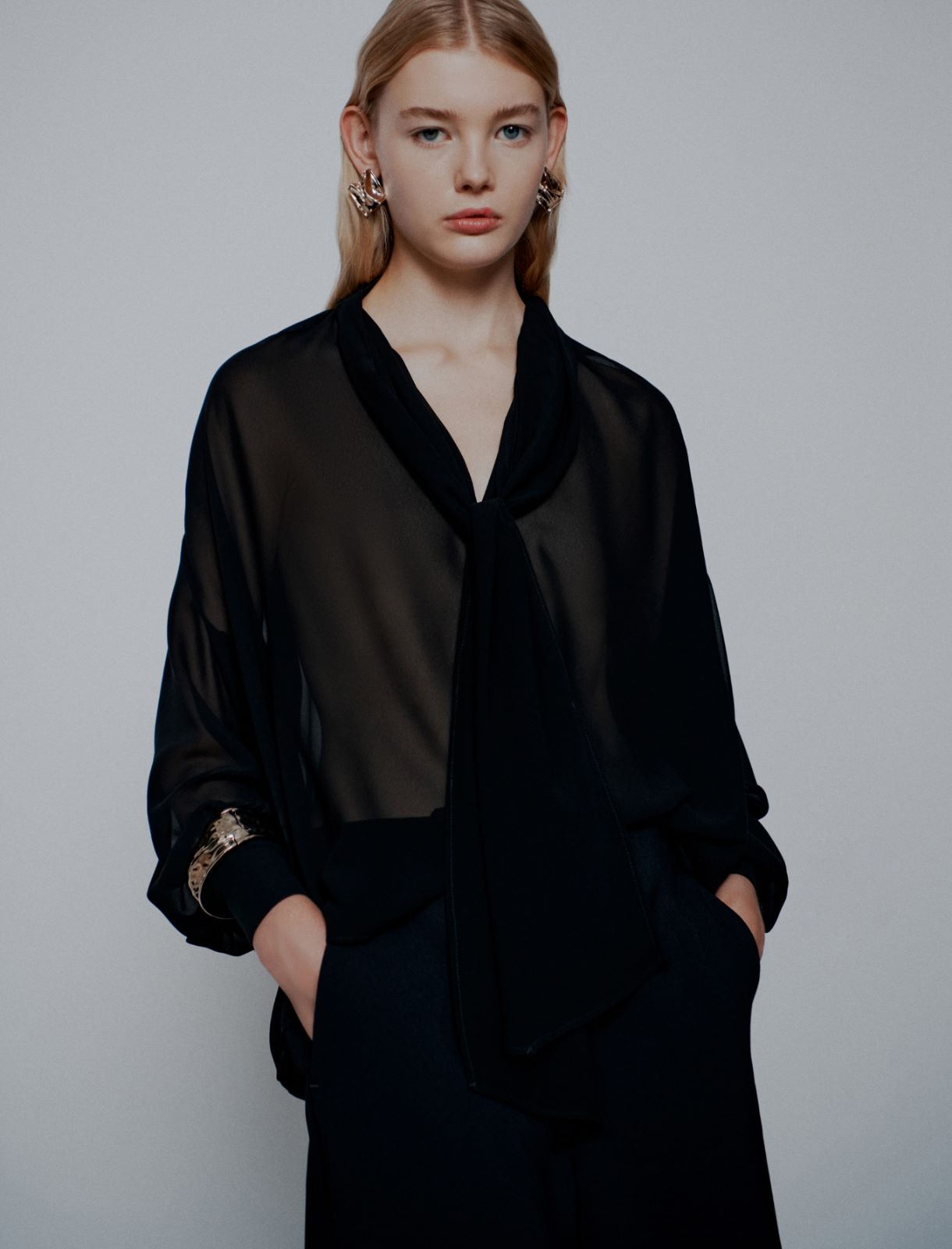 Crepe georgette tie-up blouse - Black - Marella - 4