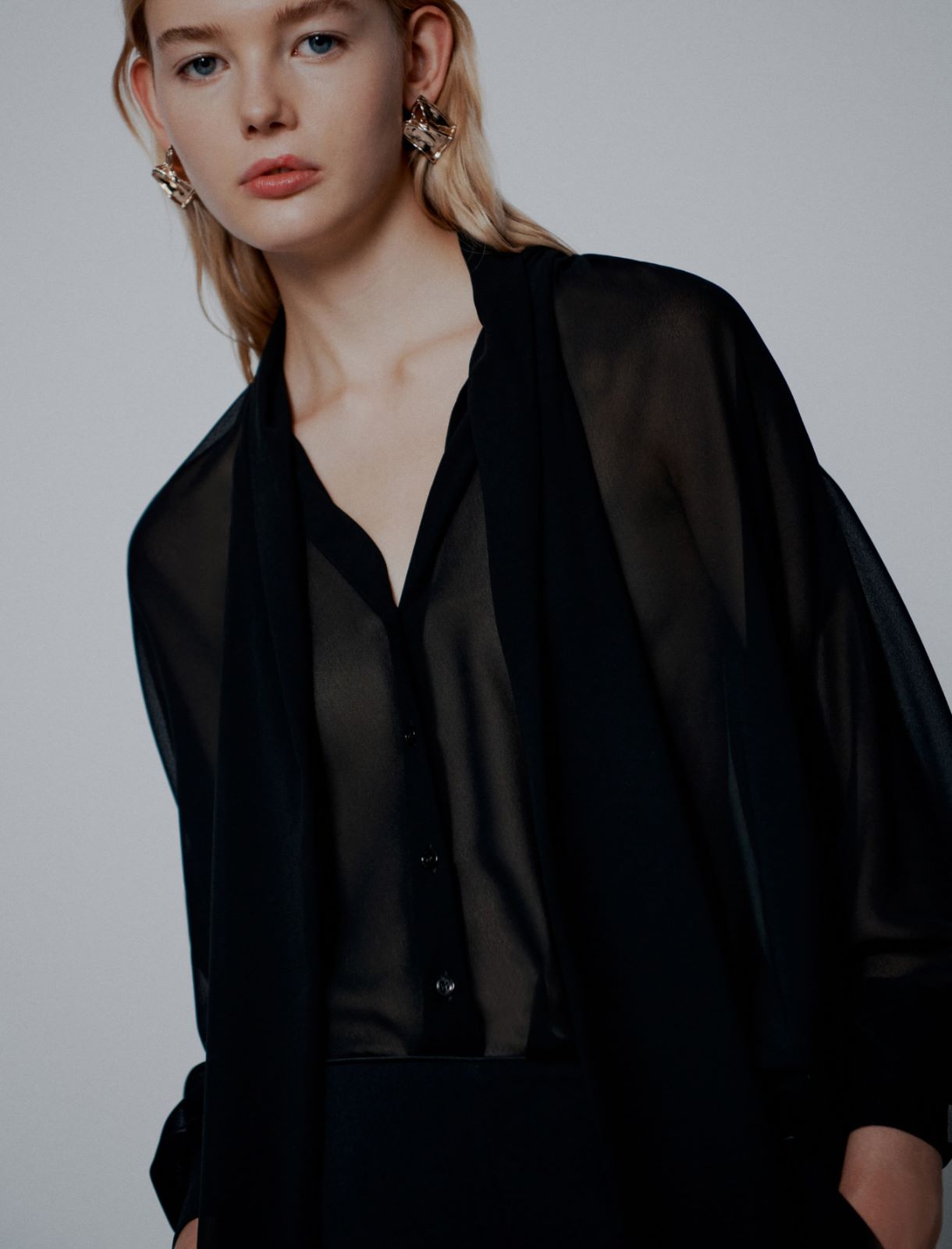 Crepe georgette tie-up blouse - Black - Marella - 5