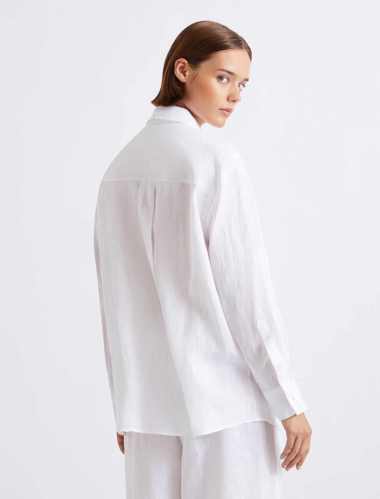 Neckerchief-adorned pure linen shirt - OPTICAL WHITE - Marella - 3