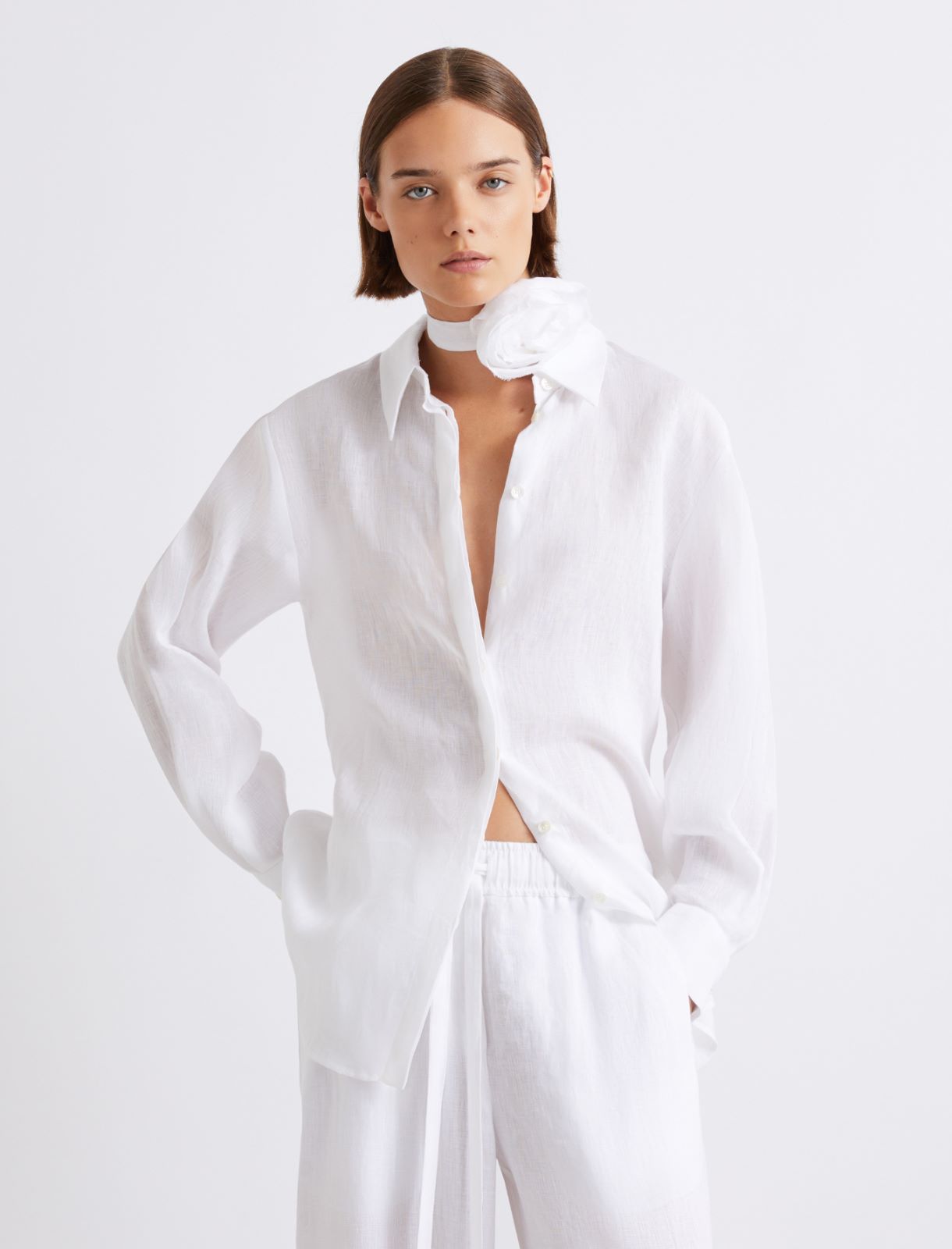 Neckerchief-adorned pure linen shirt - OPTICAL WHITE - Marella - 4