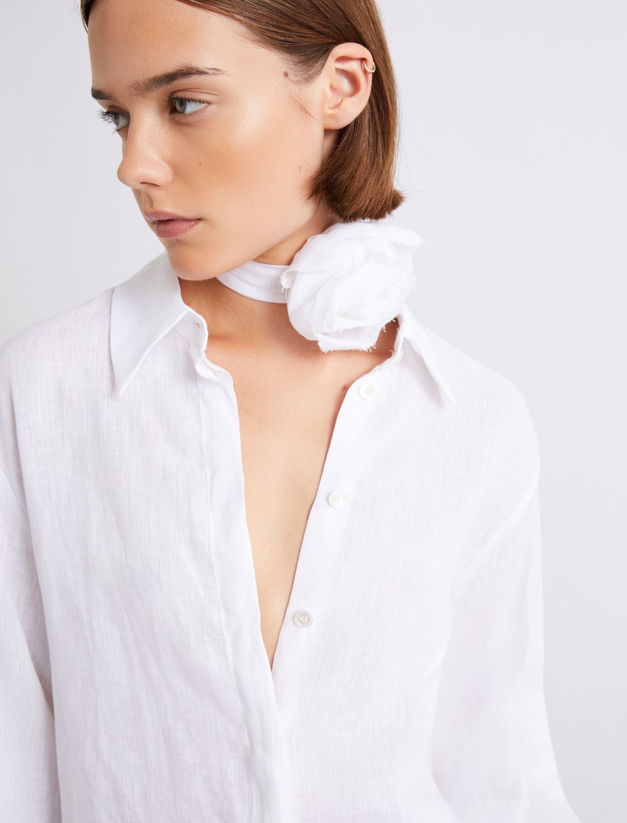Neckerchief-adorned pure linen shirt - OPTICAL WHITE - Marella - 5