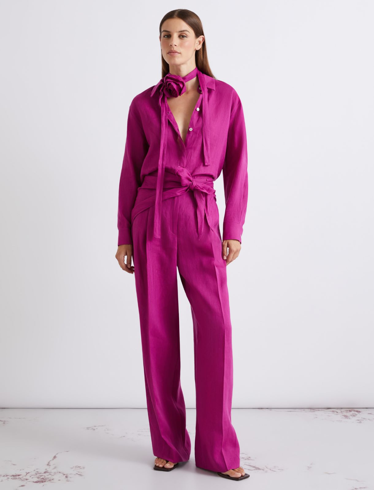 Neckerchief-adorned pure linen shirt - FUCHSIA - Marella - 2