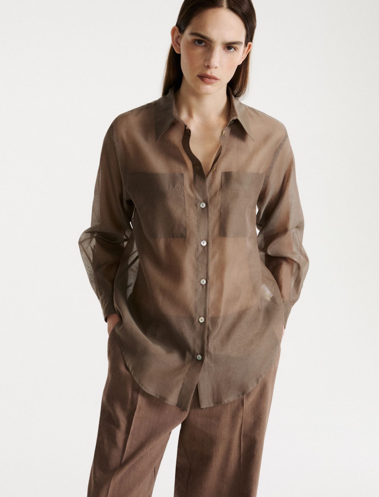 Organza-feel cotton and silk muslin shirt - BROWN - Marella - 4