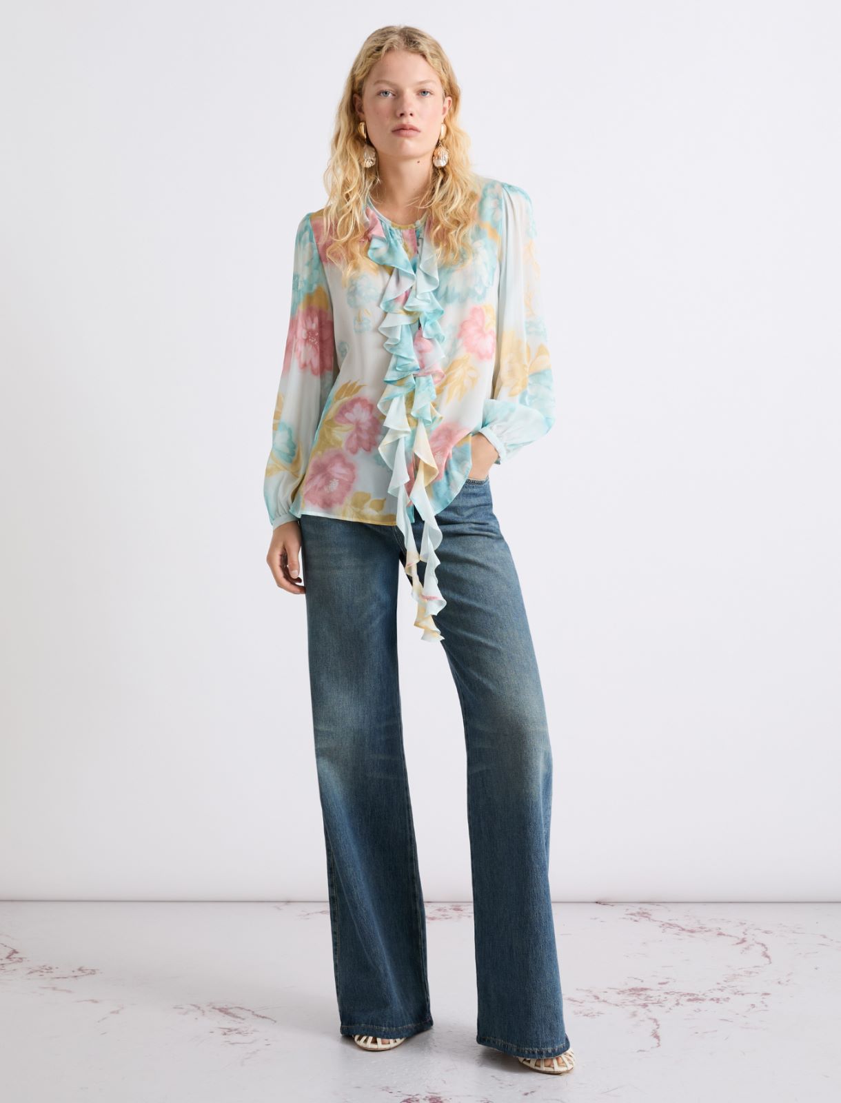 Camisa de georgette con volantes - TURQUESA - Marella - 2