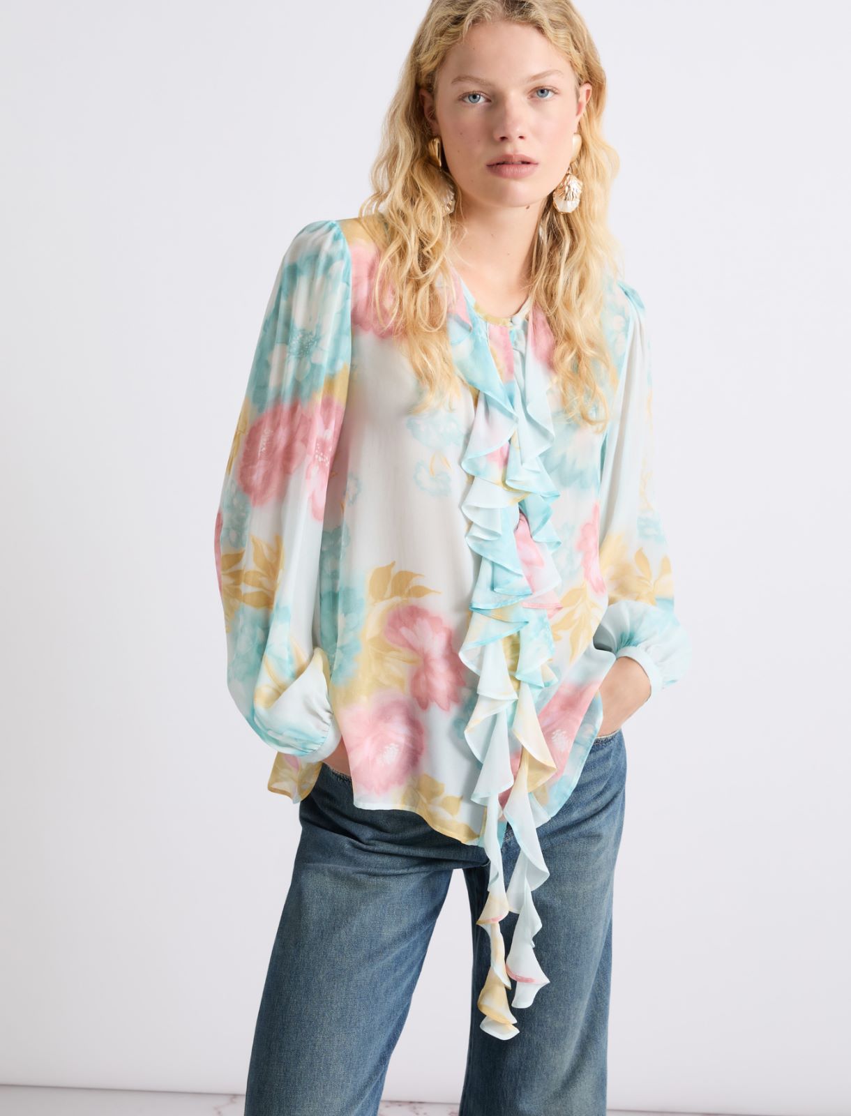 Camisa de georgette con volantes - TURQUESA - Marella - 4