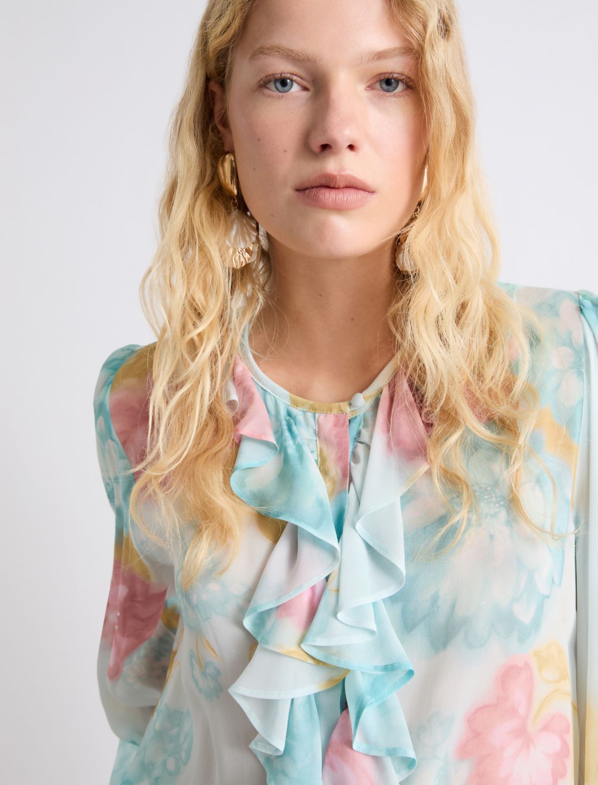 Camisa de georgette con volantes - TURQUESA - Marella - 5