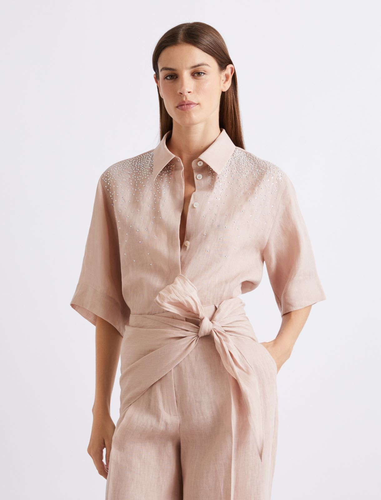 Hemdbluse aus reinem Leinen mit Strass - PUDER - Marella - 4