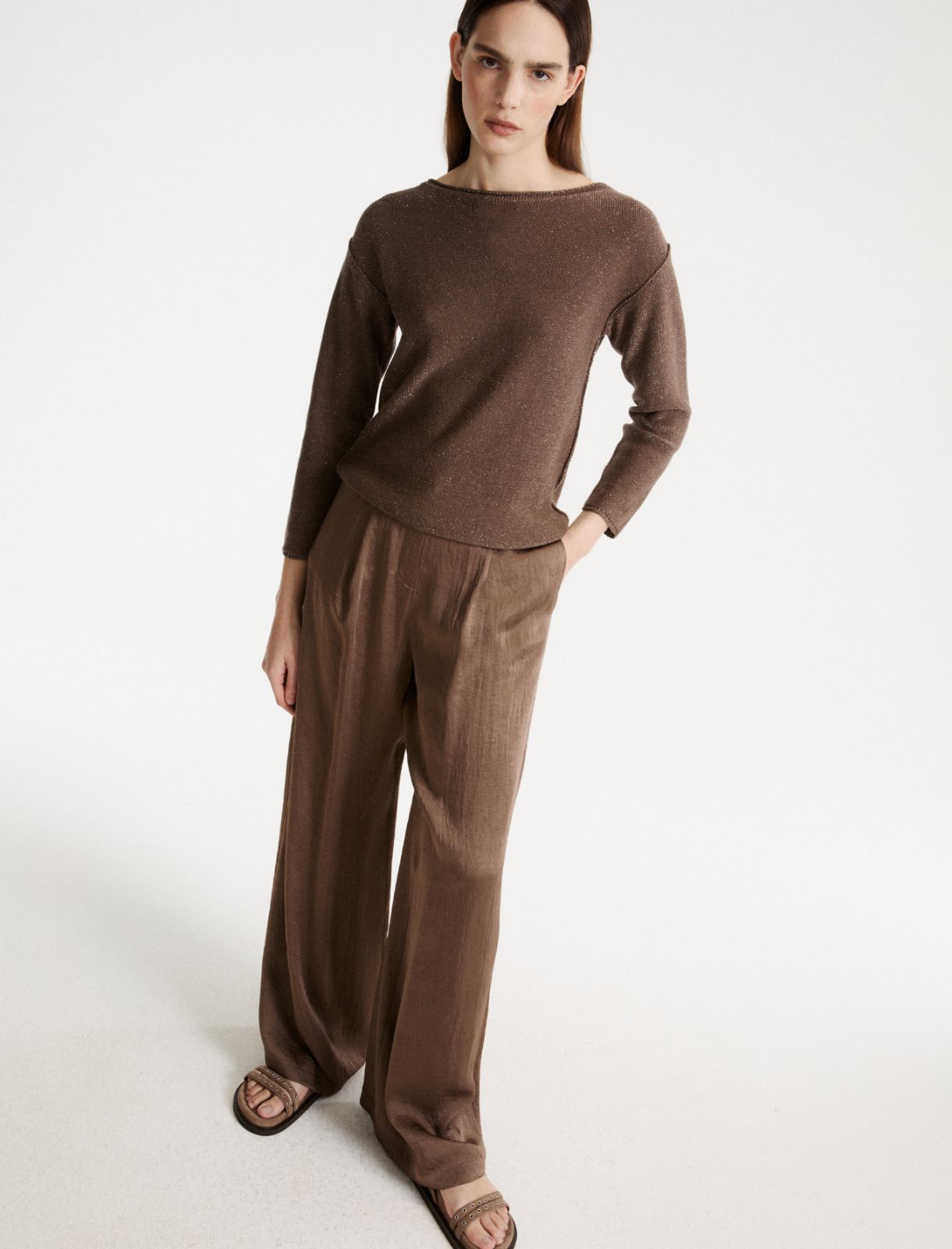 Pantalon large en sergé froissé - BRUN - Marella - 4