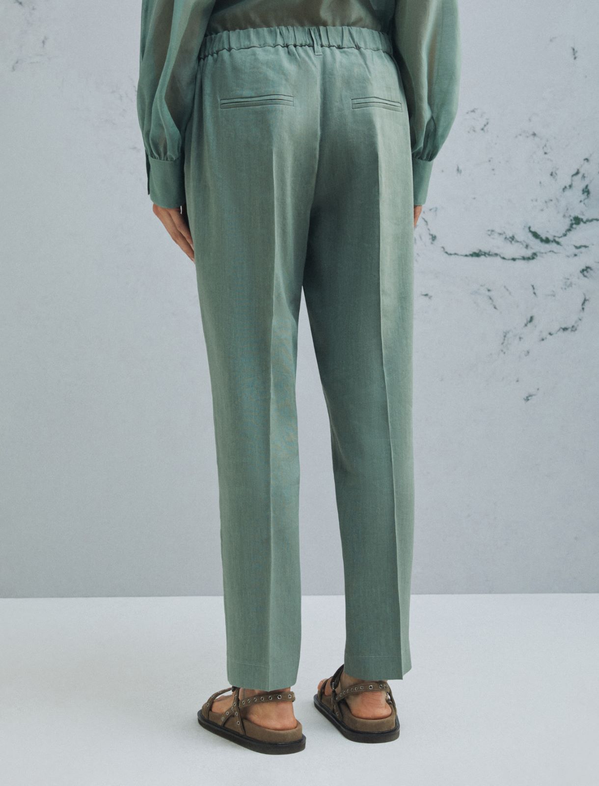 Pantalón de viscosa y lino elástico - VERDE - Marella - 3