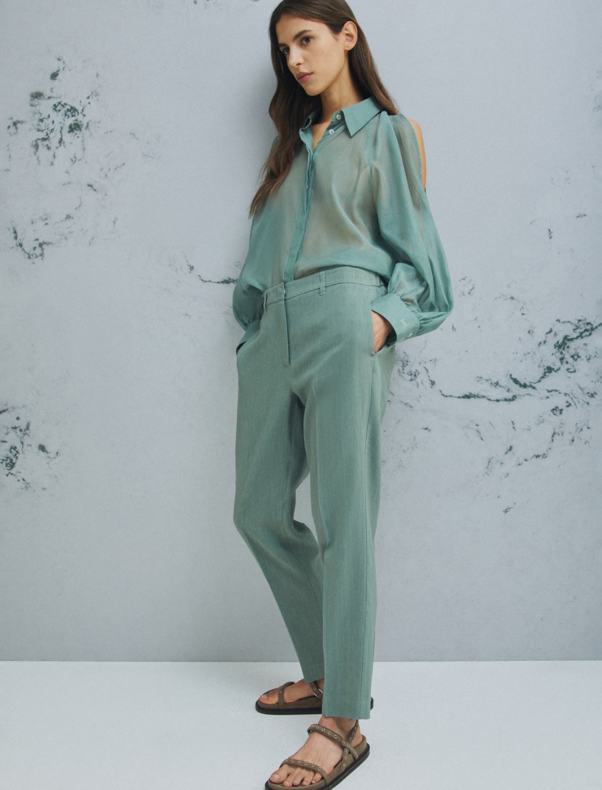 Pantalón de viscosa y lino elástico - VERDE - Marella - 4