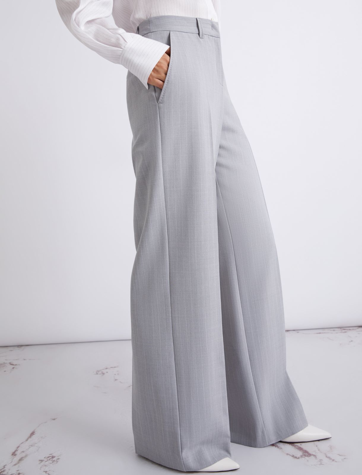 Pantalon droit en toile stretch mal filée - GRIS CLAIR MELANGE - Marella - 5