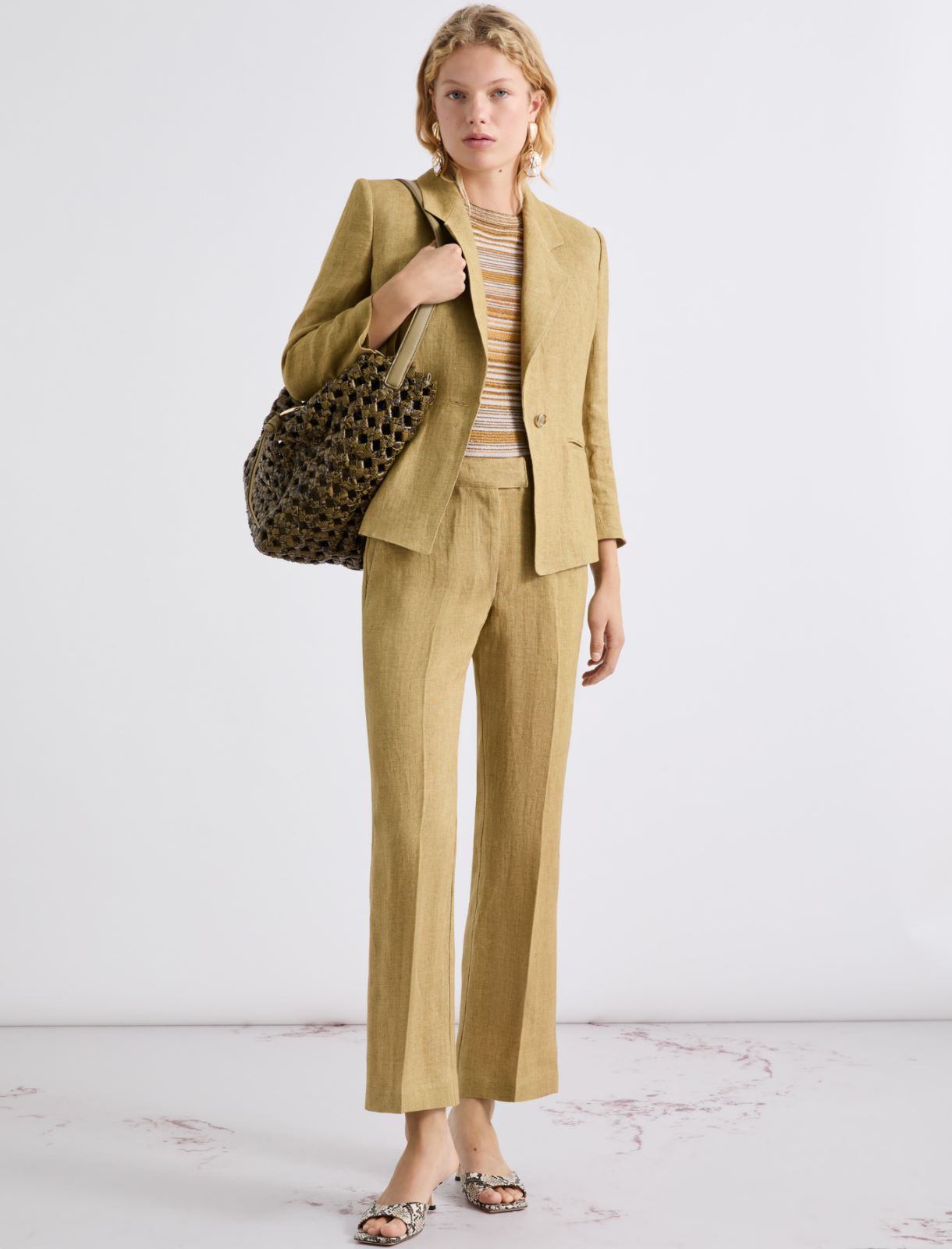 Spodnie z lnu z rozszerzaną nogawką - KHAKI - Marella - 2