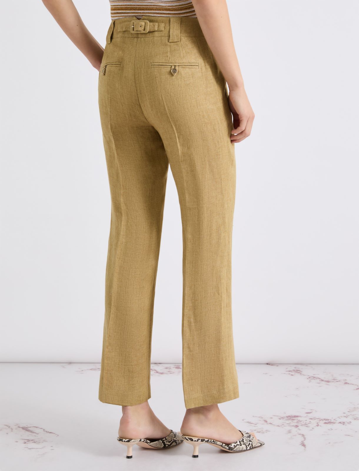 Spodnie z lnu z rozszerzaną nogawką - KHAKI - Marella - 3